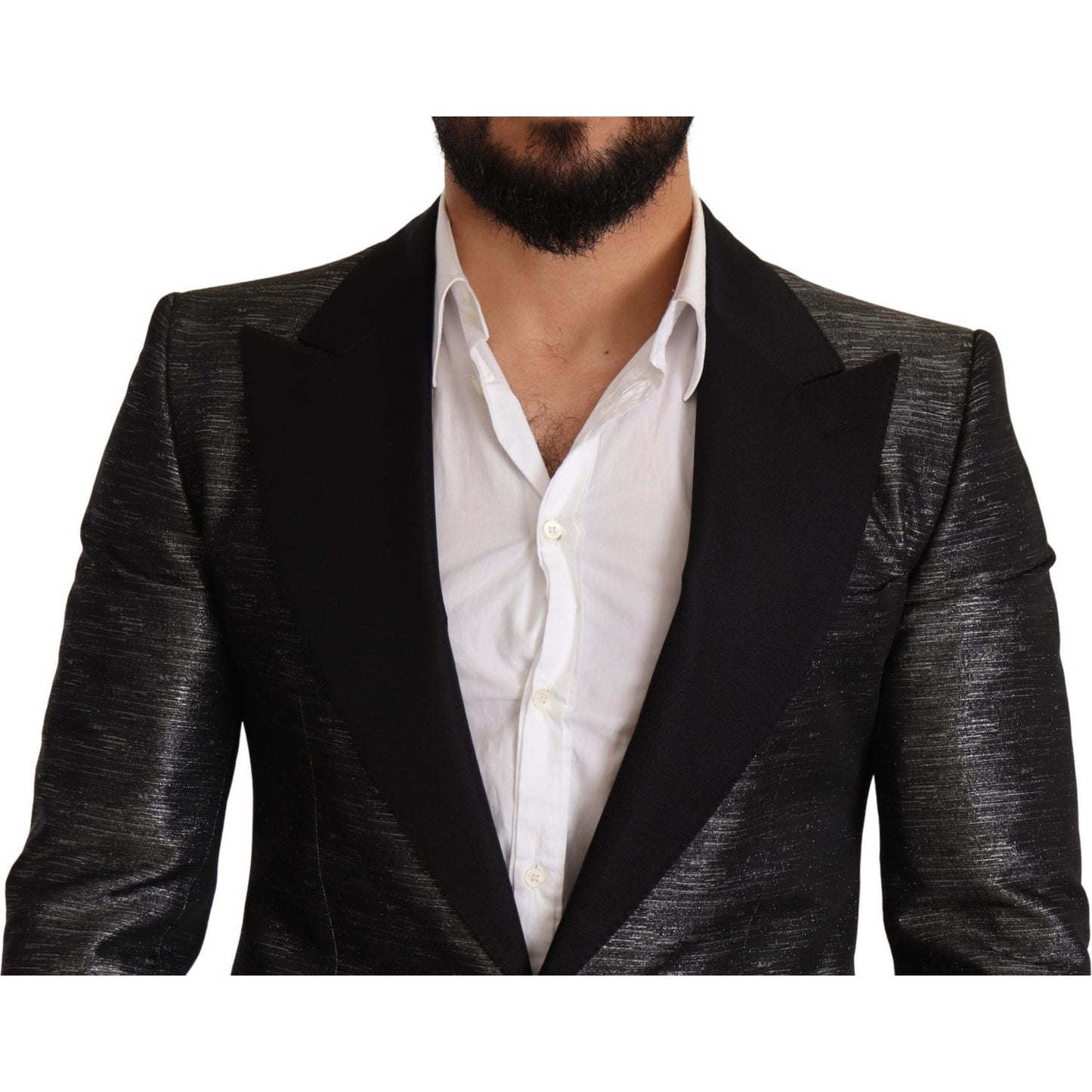 Dolce & Gabbana Metallic Gray Jacquard Slim Fit Blazer Dolce & Gabbana Gray