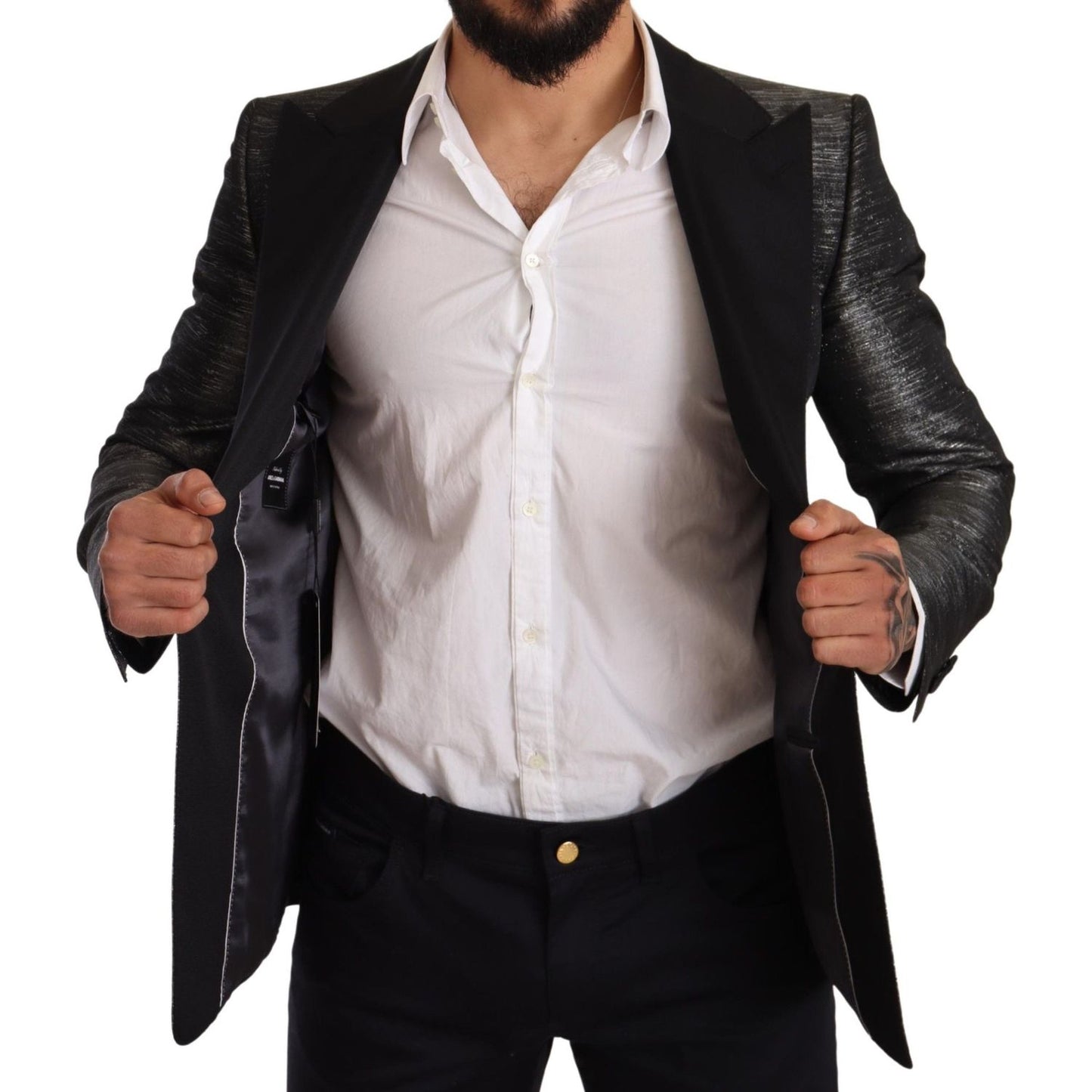 Dolce & Gabbana Metallic Gray Jacquard Slim Fit Blazer Dolce & Gabbana Black