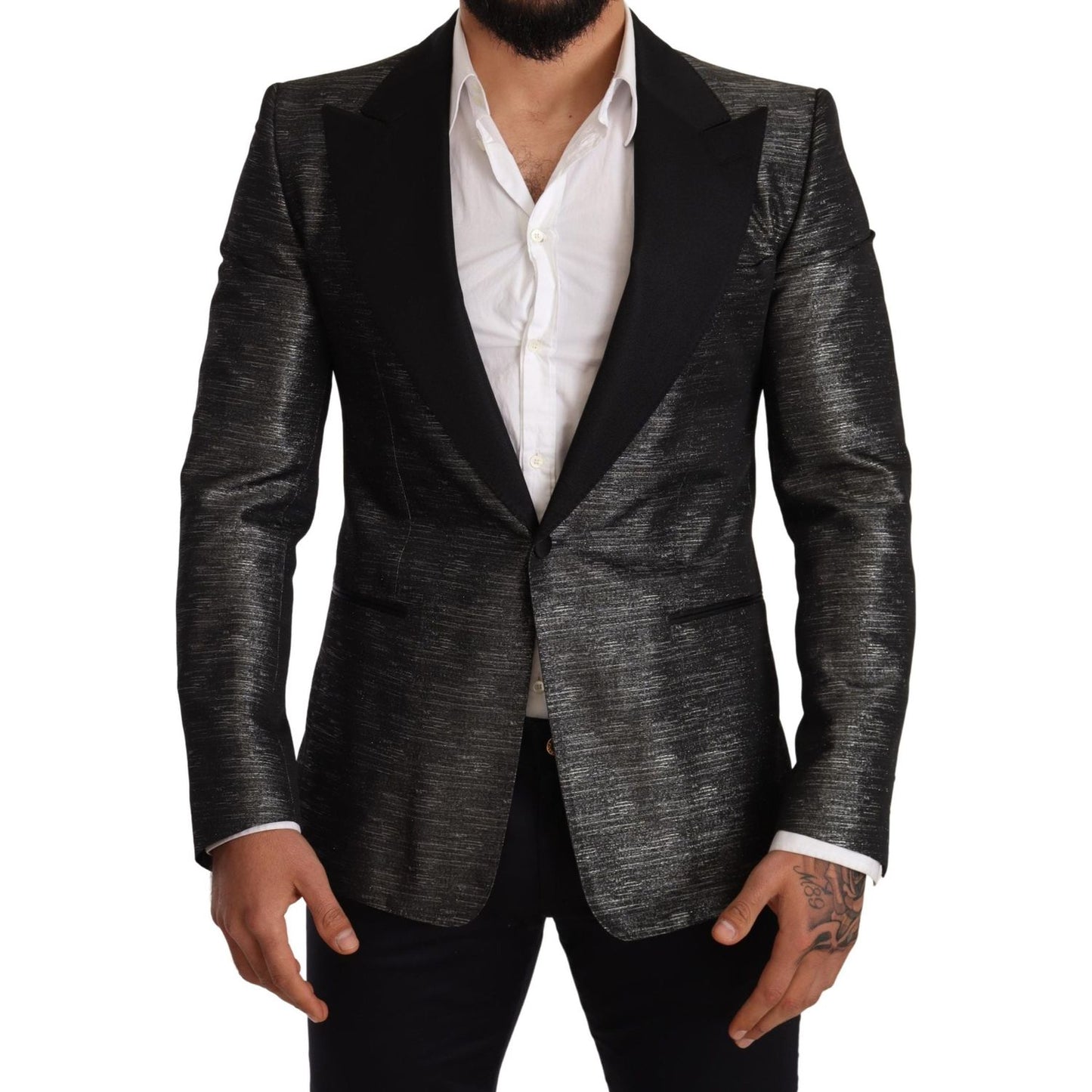 Dolce & Gabbana Metallic Gray Jacquard Slim Fit Blazer Dolce & Gabbana Black