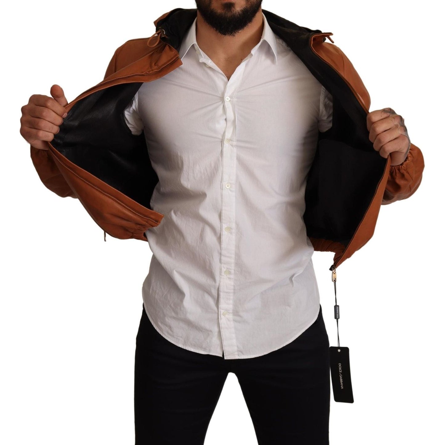Dolce & Gabbana Elegant Brown Leather Bomber Jacket Dolce & Gabbana Gray