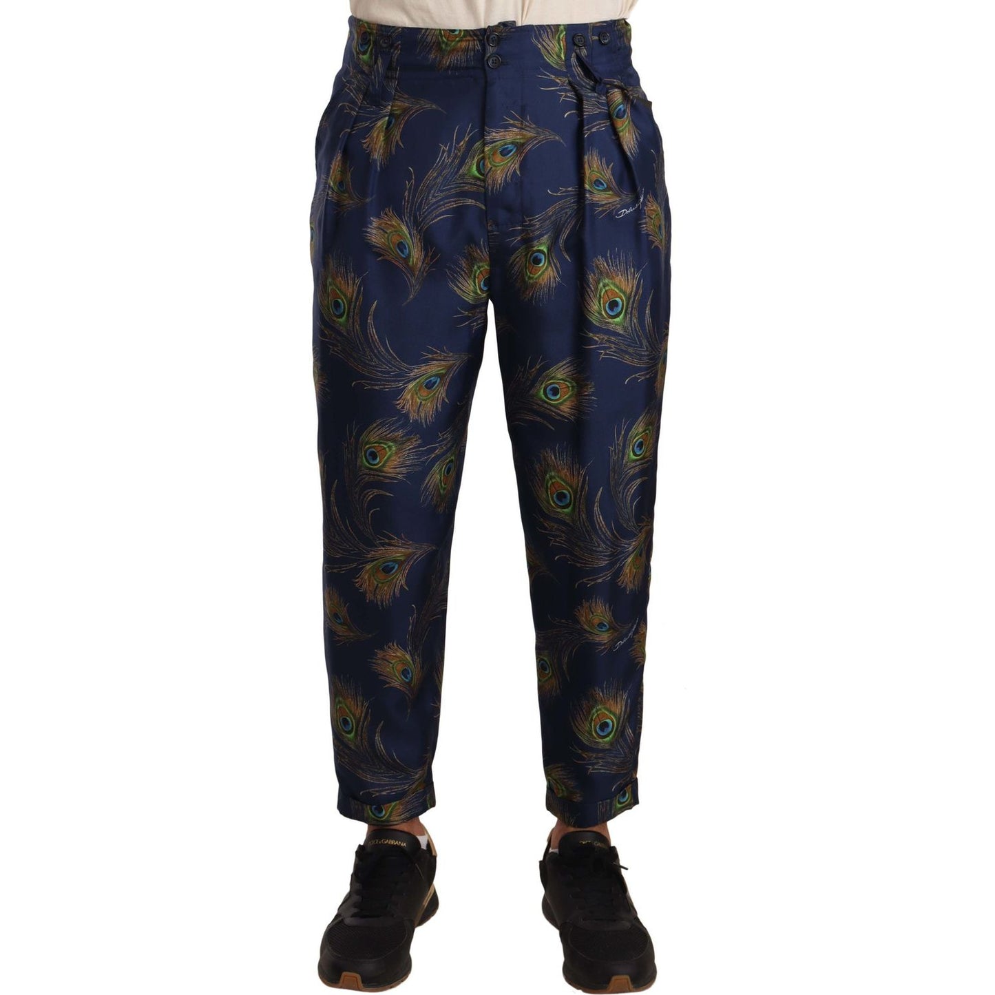 Dolce & Gabbana Exquisite Peacock Print Silk Trousers MAN TROUSERS Dolce & Gabbana Dark Slate Gray