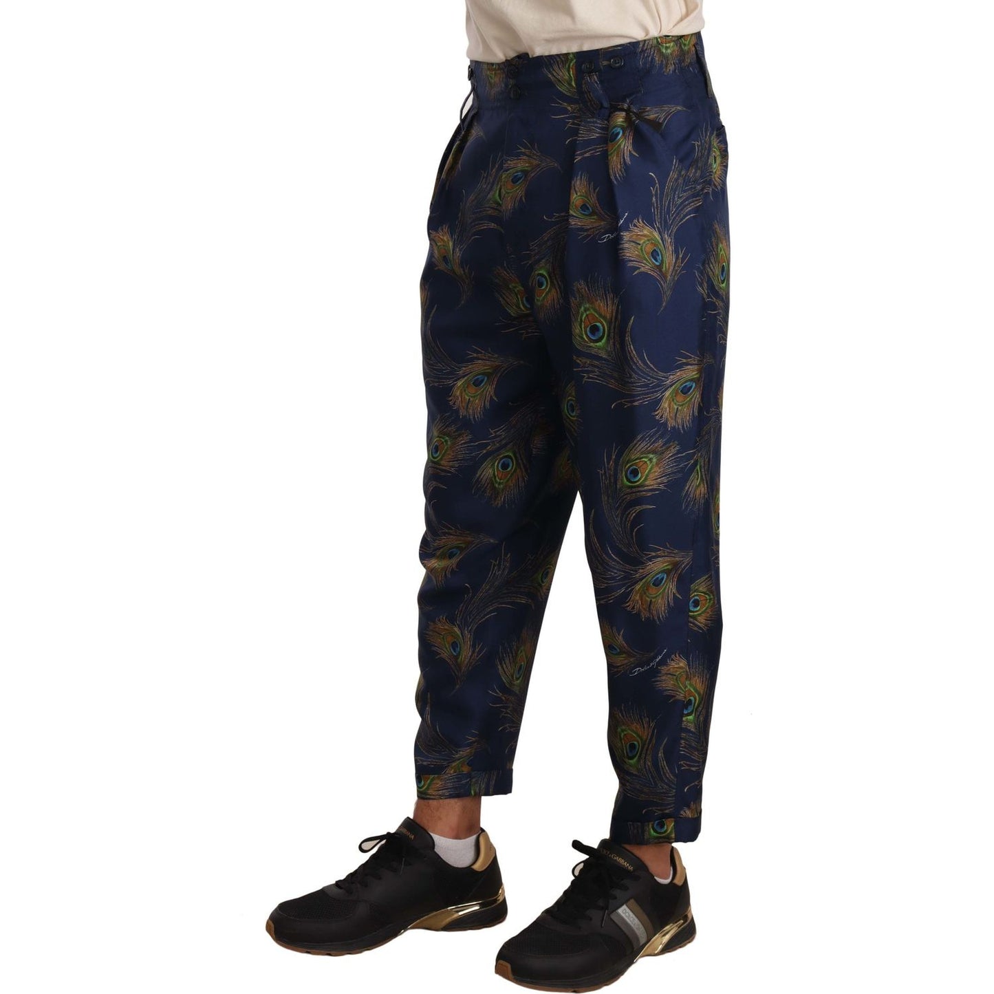 Dolce & Gabbana Exquisite Peacock Print Silk Trousers MAN TROUSERS Dolce & Gabbana Black