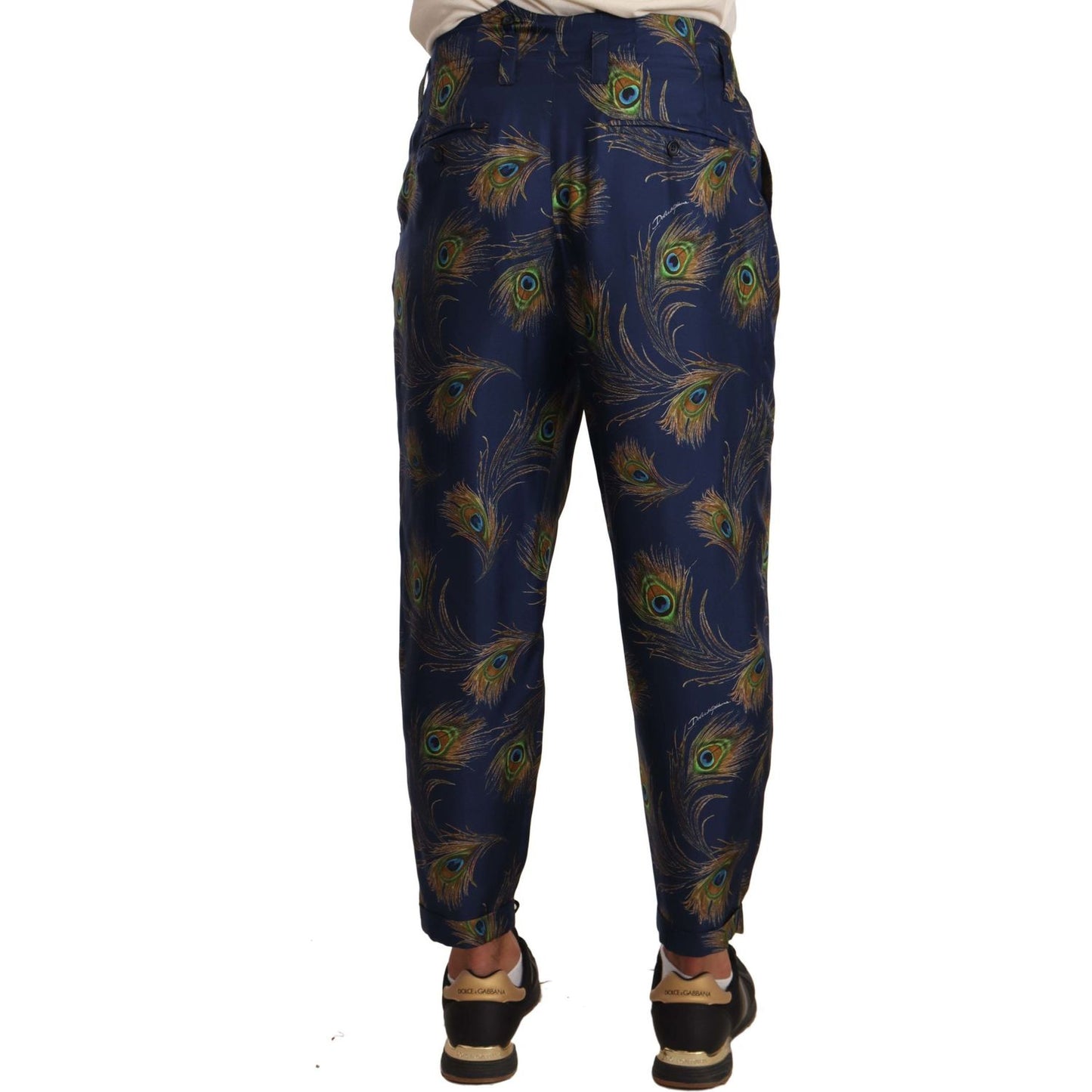 Dolce & Gabbana Exquisite Peacock Print Silk Trousers MAN TROUSERS Dolce & Gabbana Dark Slate Gray