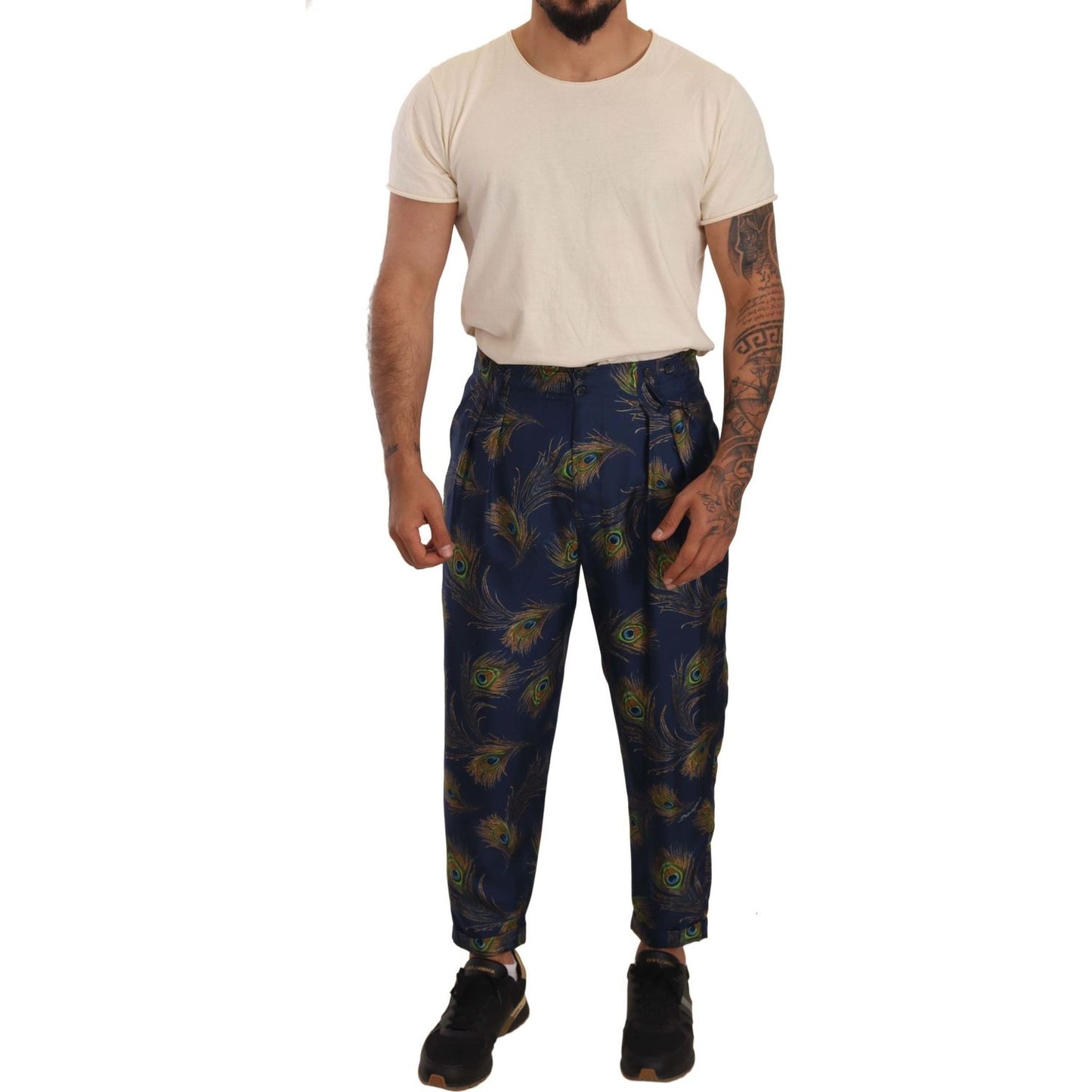 Dolce & Gabbana Exquisite Peacock Print Silk Trousers MAN TROUSERS Dolce & Gabbana Gray