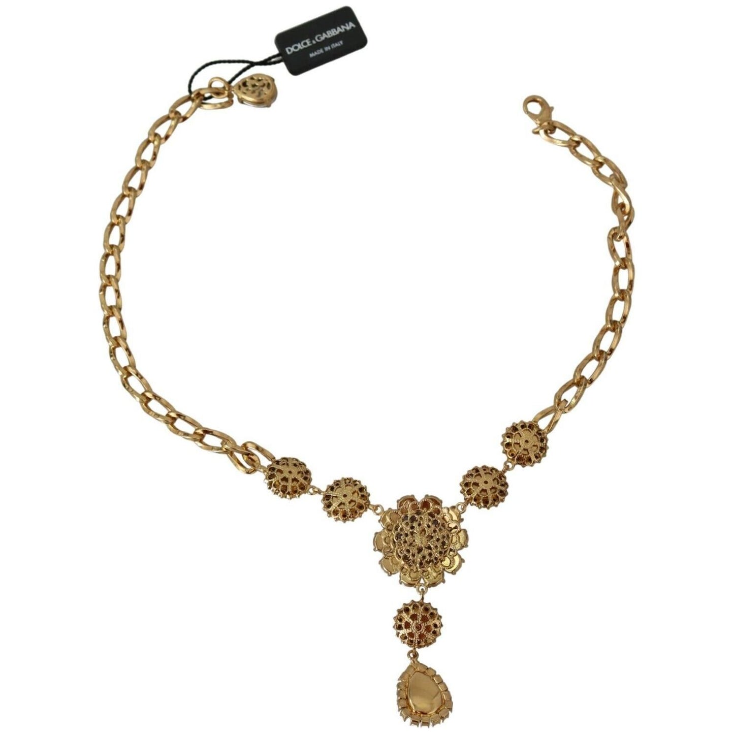 Dolce & Gabbana Elegant Gold Crystal Floral Charm Necklace Necklace Dolce & Gabbana Dim Gray