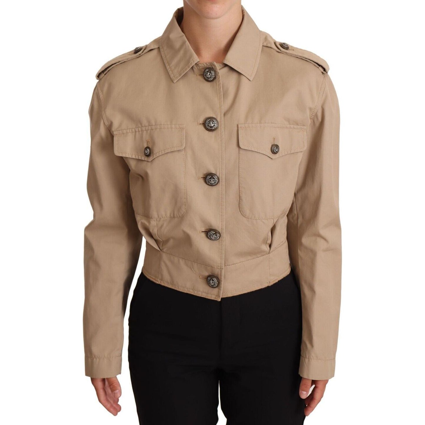 Dolce & Gabbana Elegant Cropped Cotton Jacket in Beige WOMAN COATS & JACKETS Dolce & Gabbana Rosy Brown