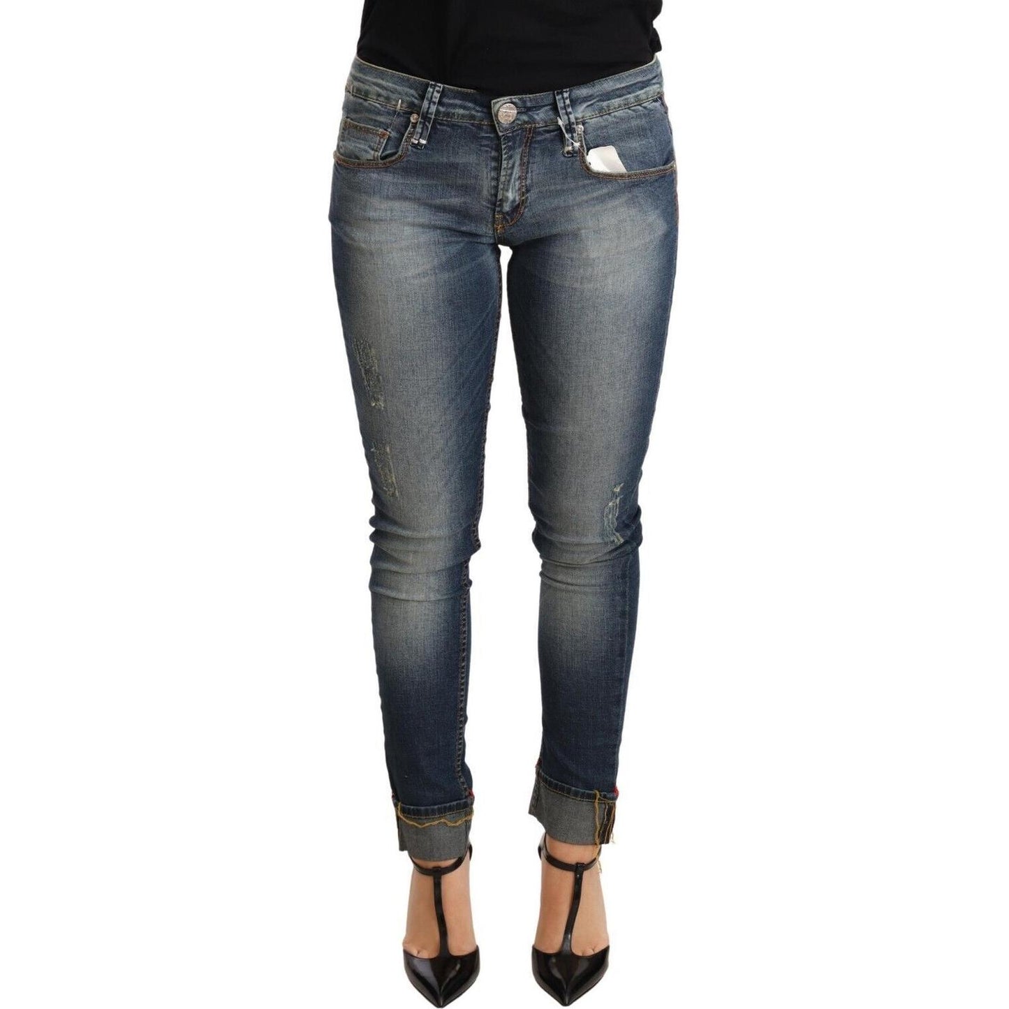 Acht Blue Washed Cotton Low Waist Skinny Denim Women Trouser Jeans Jeans & Pants