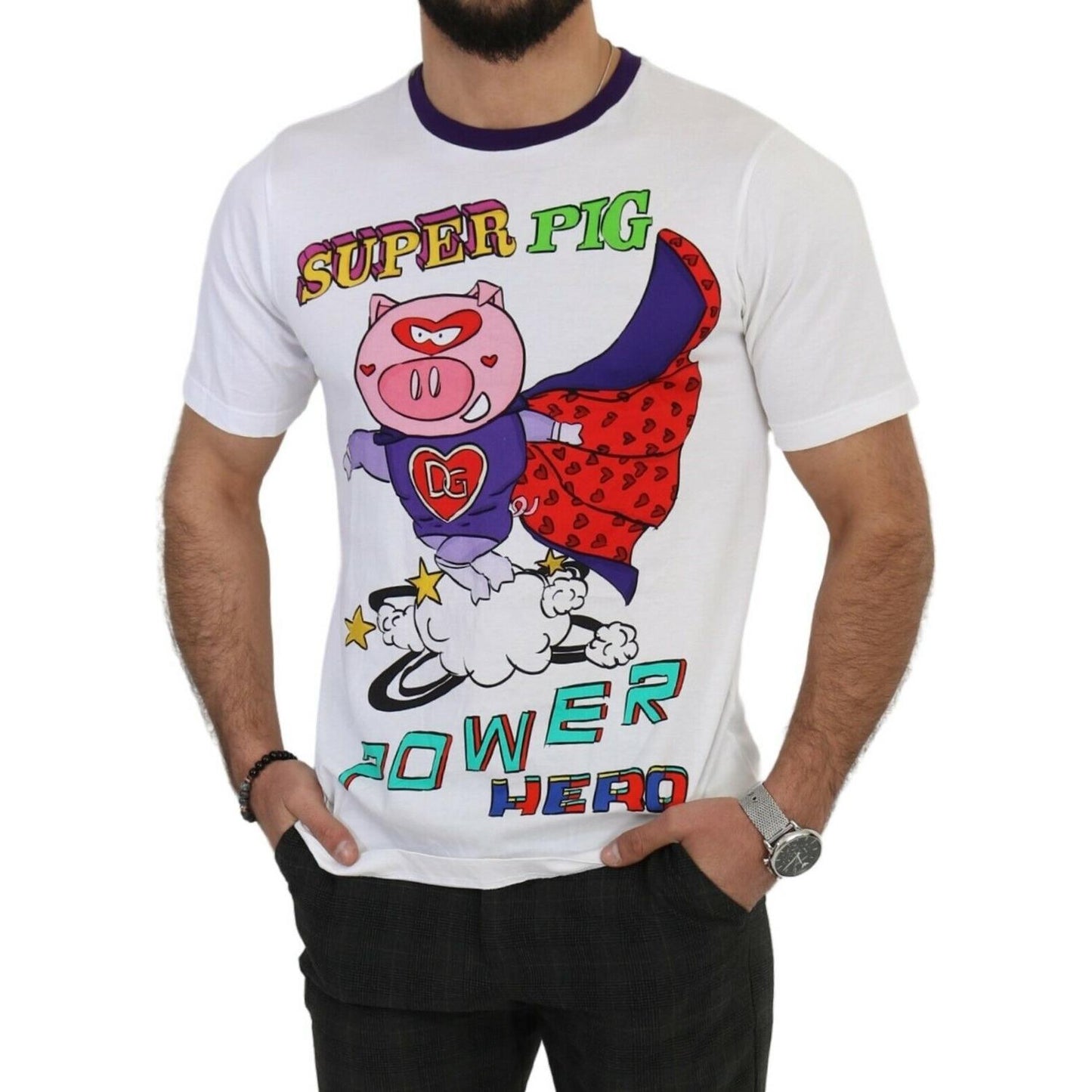 Dolce & Gabbana Chic White Cotton Pig Motif Tee MAN T-SHIRTS Dolce & Gabbana Dark Slate Gray