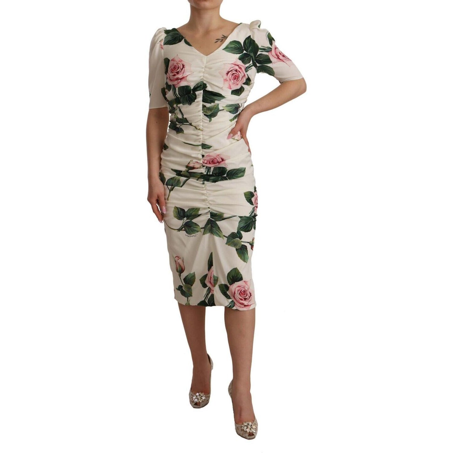 Dolce & Gabbana Elegant White Floral Sheath Dress Dress Dolce & Gabbana Rosy Brown