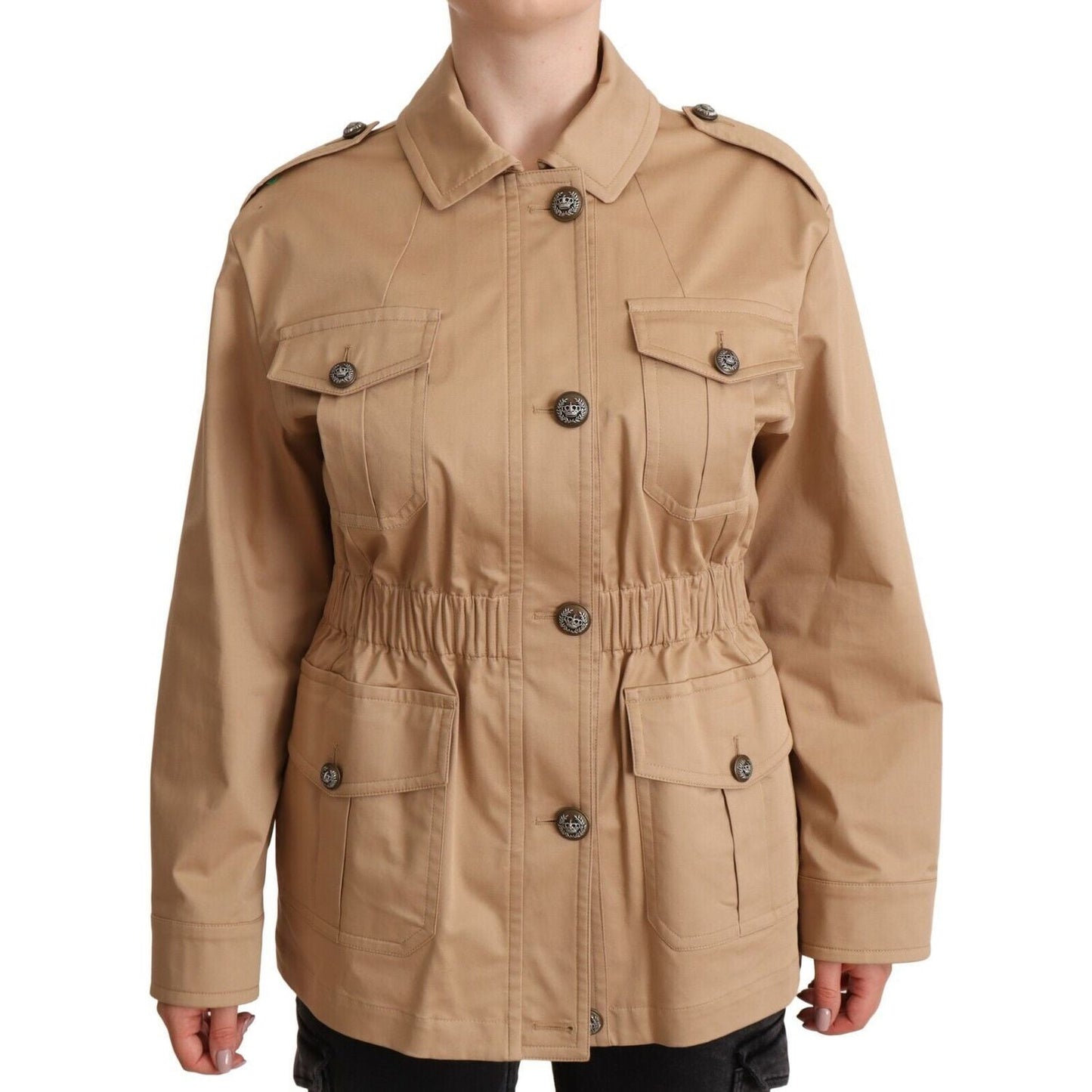 Dolce & Gabbana Chic Beige Button Down Coat with Embellishments WOMAN COATS & JACKETS Dolce & Gabbana Rosy Brown