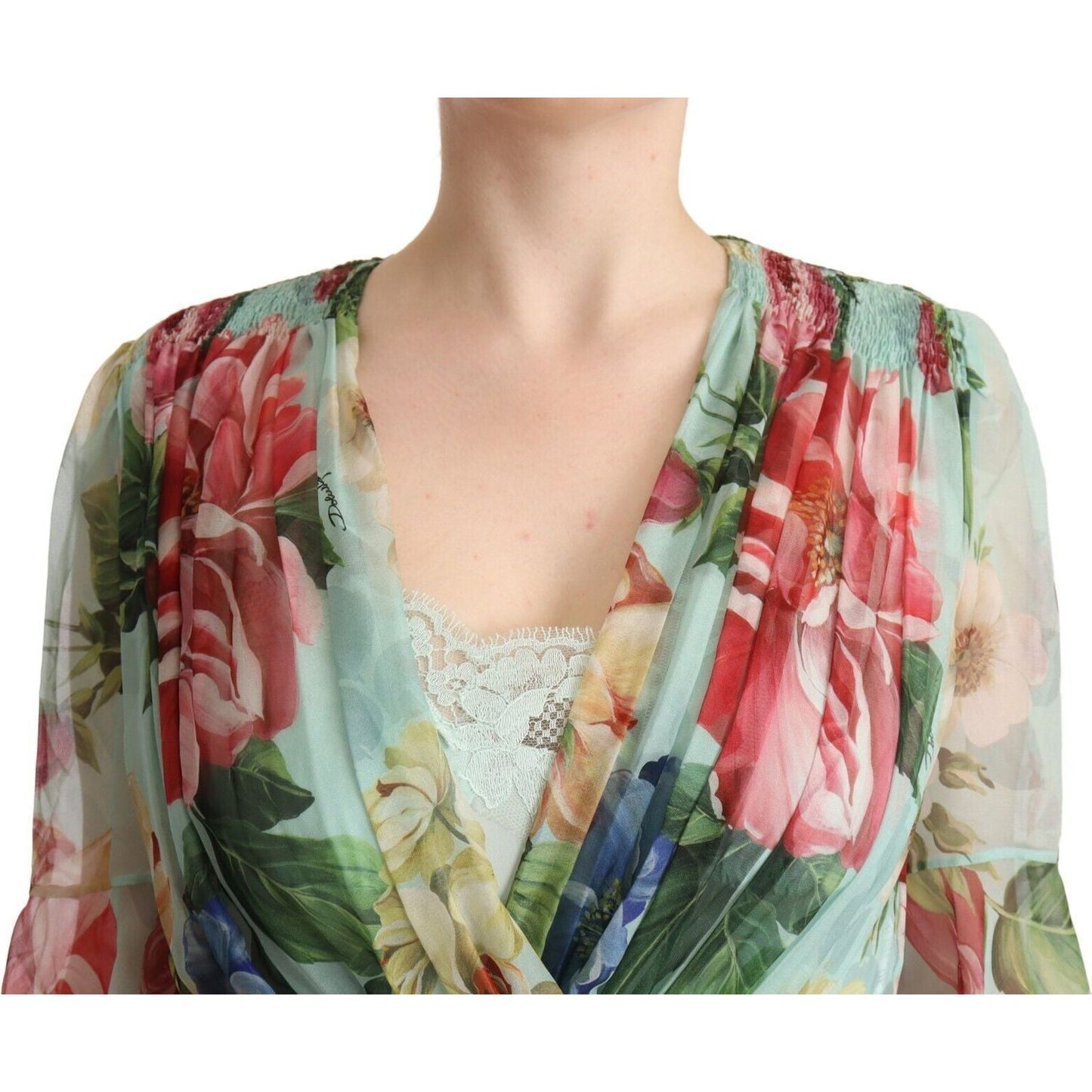 Dolce & Gabbana Elegant Floral Green Midi Silk Dress WOMAN DRESSES Dolce & Gabbana Rosy Brown