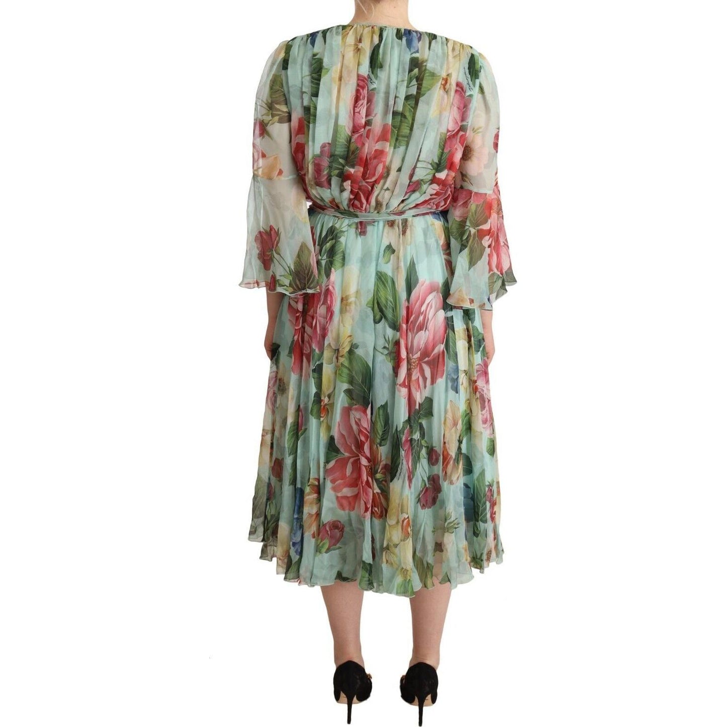 Dolce & Gabbana Elegant Floral Green Midi Silk Dress WOMAN DRESSES Dolce & Gabbana Rosy Brown