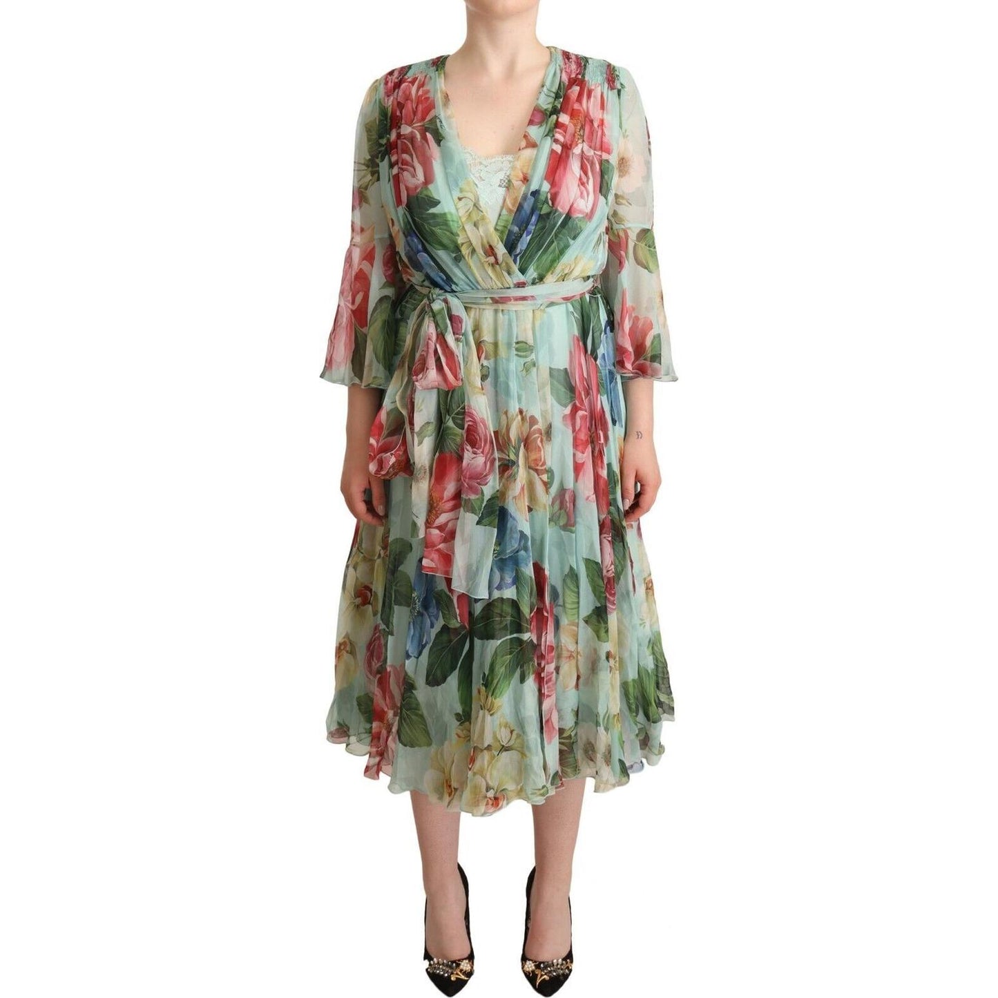 Dolce & Gabbana Elegant Floral Green Midi Silk Dress WOMAN DRESSES Dolce & Gabbana Rosy Brown