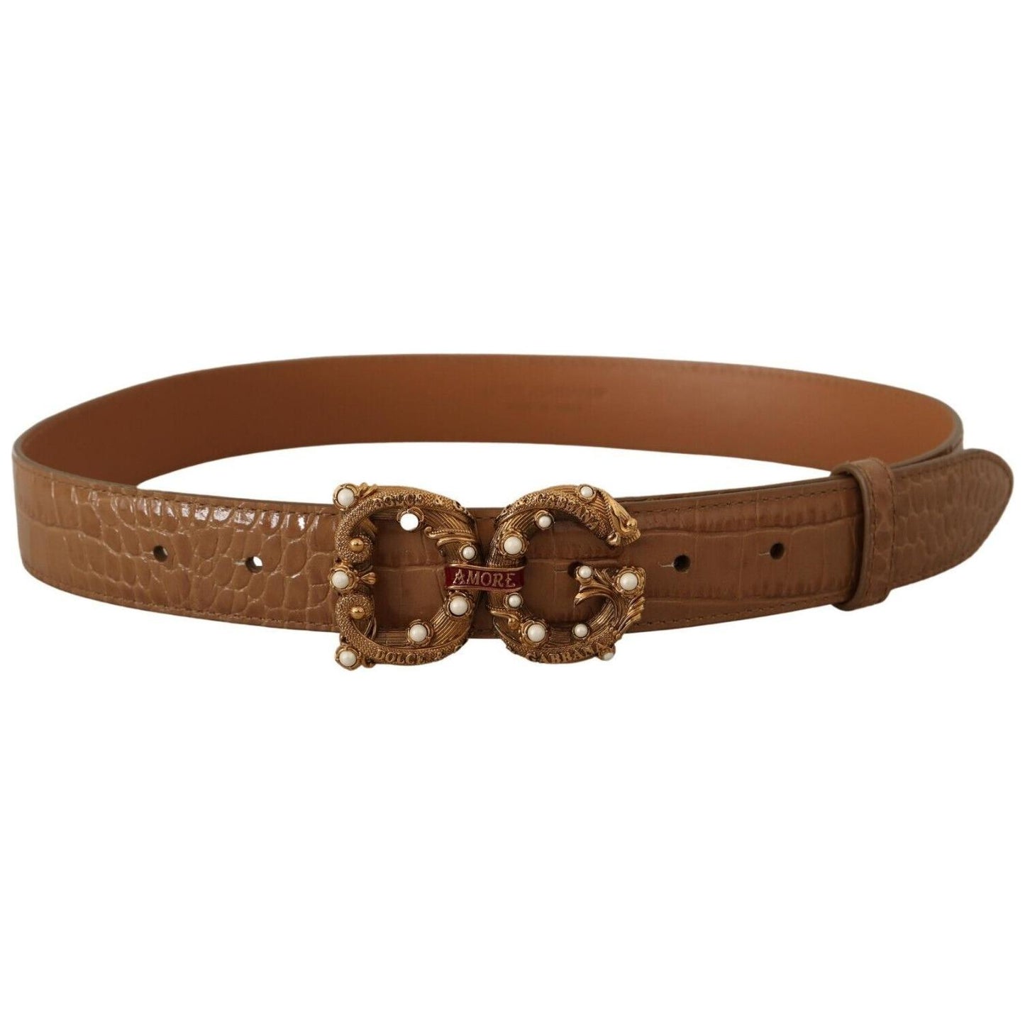 Dolce & Gabbana Elegant Croco Leather Amore Belt with Pearls WOMAN BELTS Dolce & Gabbana Saddle Brown