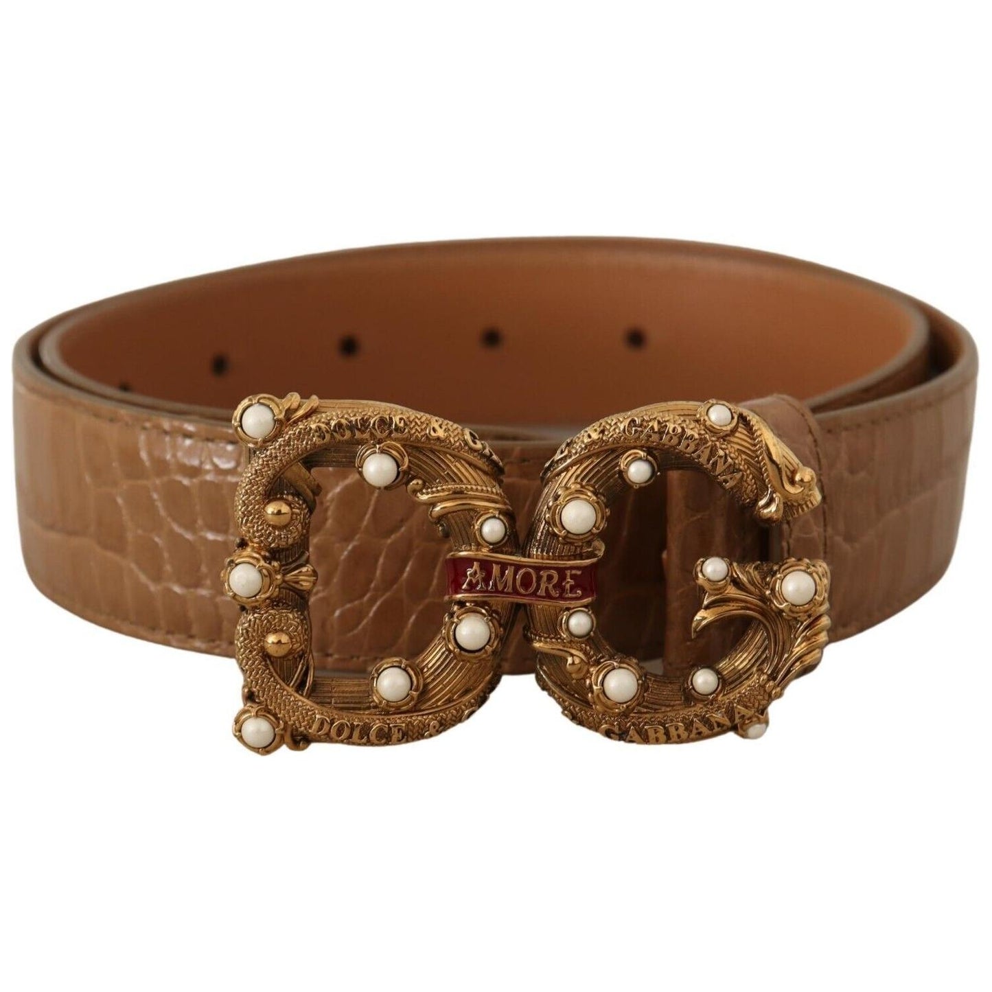 Dolce & Gabbana Elegant Croco Leather Amore Belt with Pearls WOMAN BELTS Dolce & Gabbana Saddle Brown