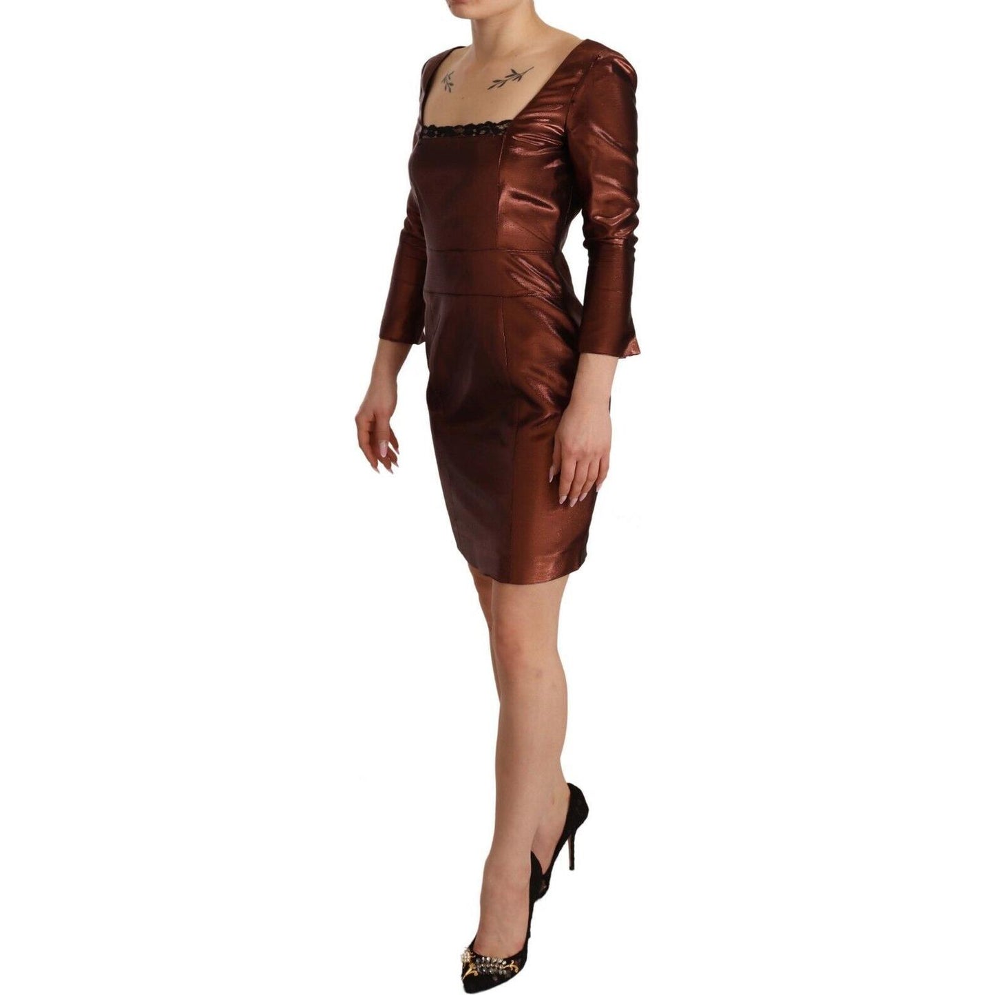 GF Ferre Elegant Bronze Sheath Mini Dress with Square Neck GF Ferre Dark Slate Gray