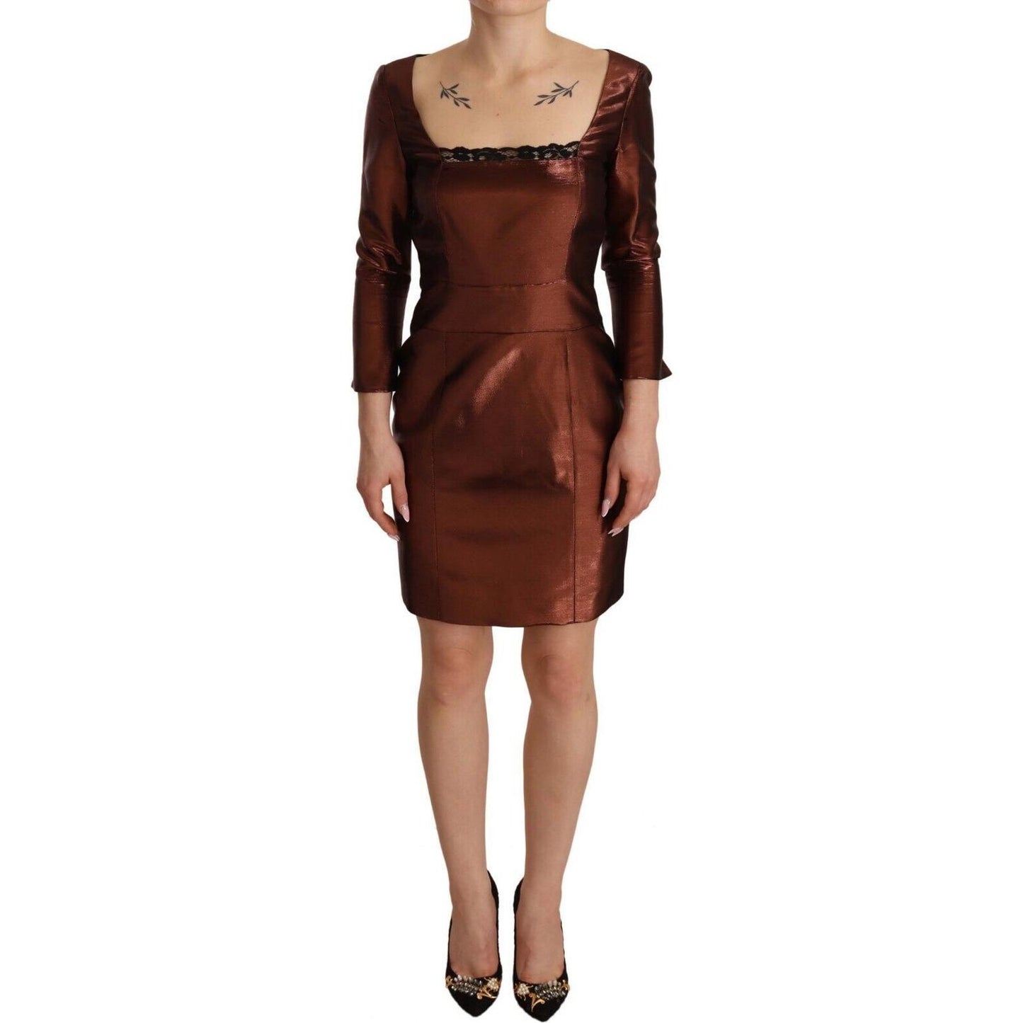 GF Ferre Elegant Bronze Sheath Mini Dress with Square Neck GF Ferre Black