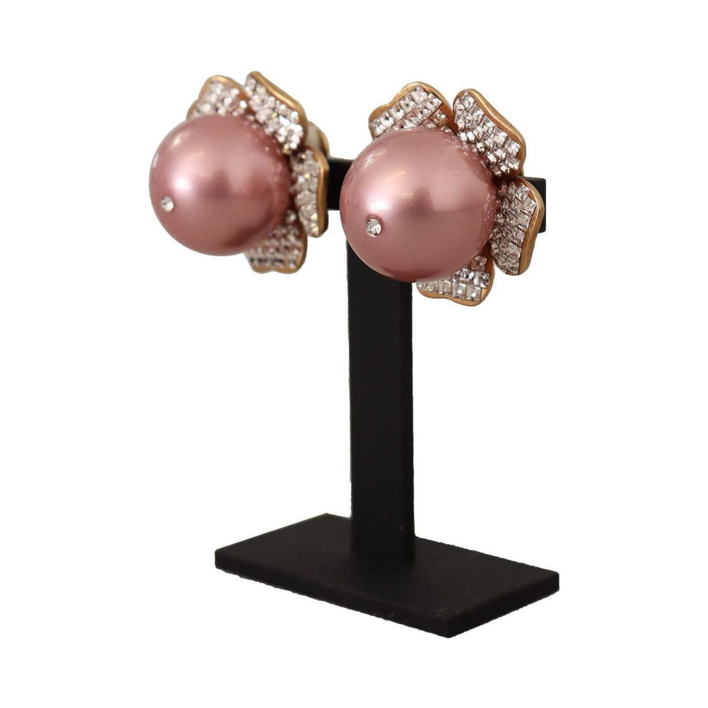 Dolce & Gabbana Elegant Floral Crystal Pearl Clip-On Earrings Earrings Dolce & Gabbana Rosy Brown