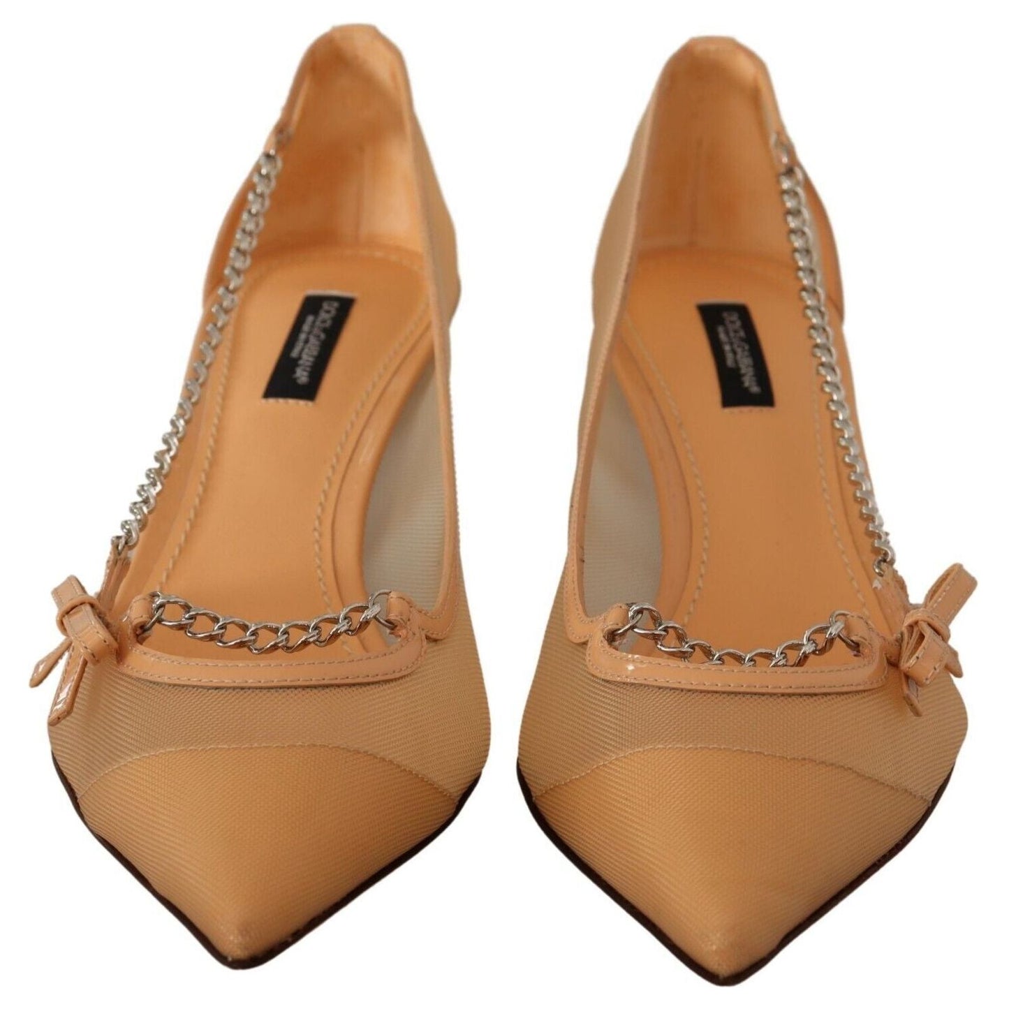 Dolce & Gabbana Elegant Beige Mesh Pumps with Silver Chains Dolce & Gabbana Sienna