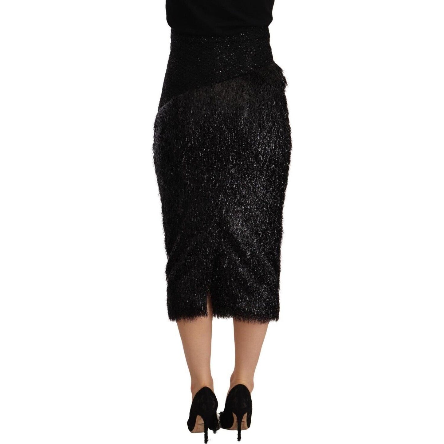 Masha Ma Black Tinsel High Waist Pencil Midi Viscose Skirt SKI1618 - 38