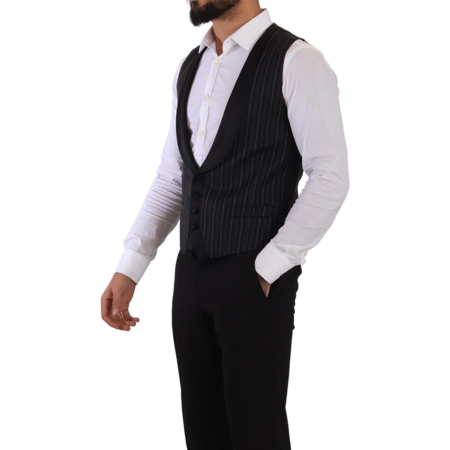 Dolce & Gabbana Black Striped Wool Silk Waistcoat Vest TSH7590 - 48