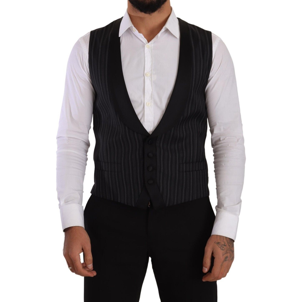 Dolce & Gabbana Black Striped Wool Silk Waistcoat Vest TSH7590 - 48
