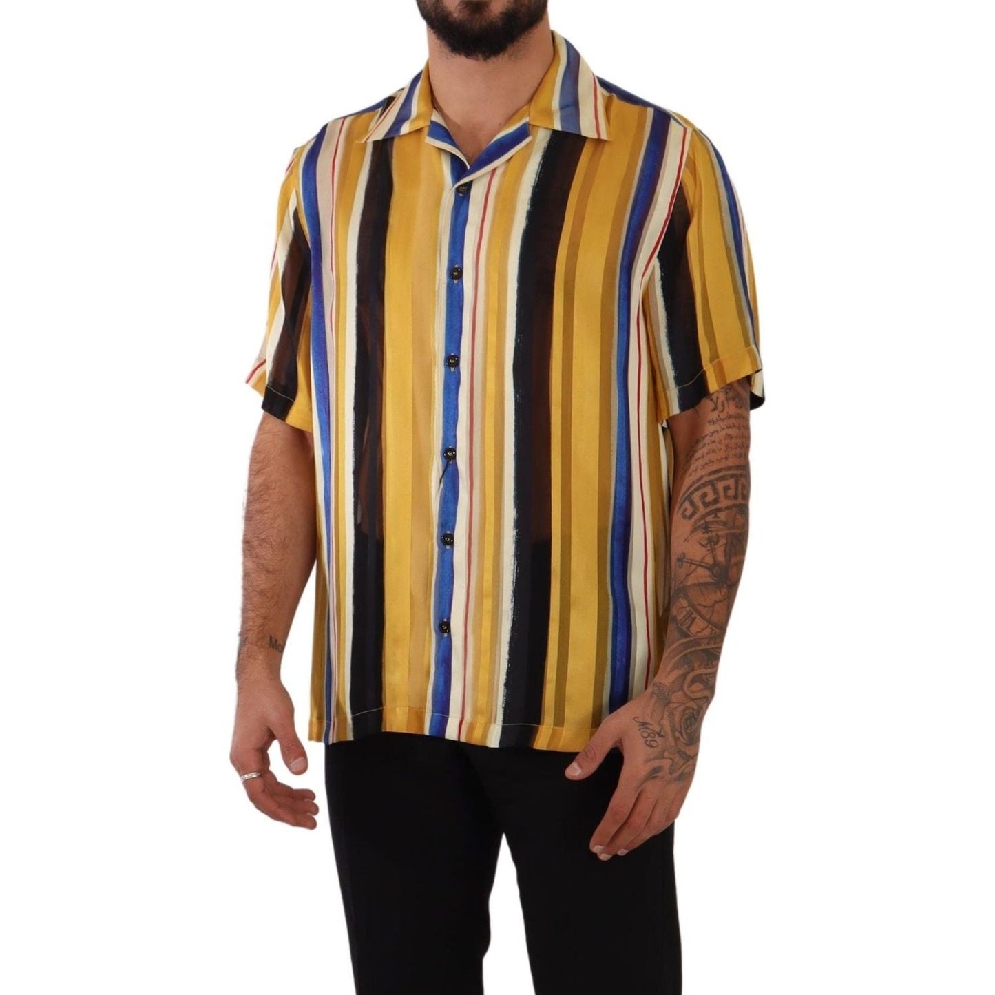 Dolce & Gabbana Yellow Striped Silk-Blend Men's Shirt Dolce & Gabbana Dark Khaki