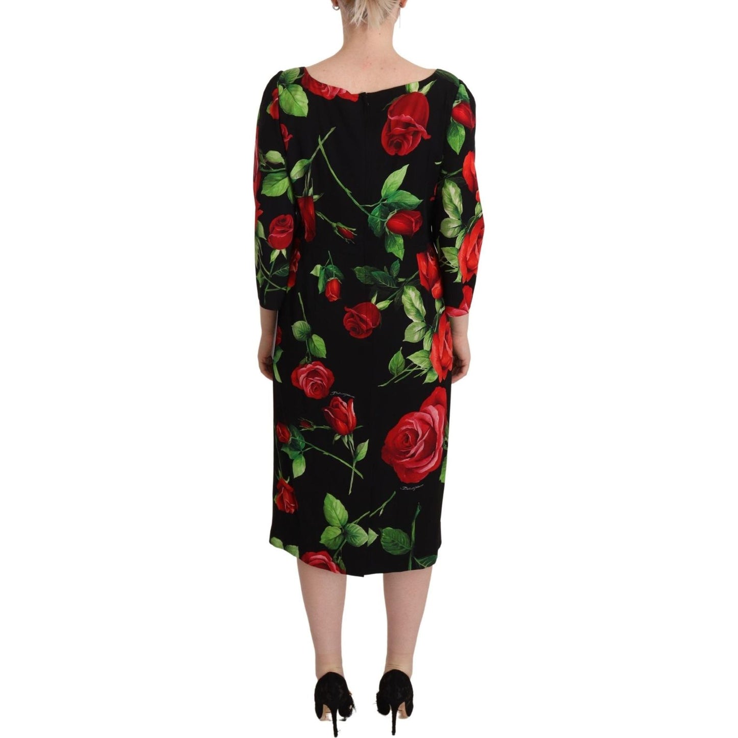 Dolce & Gabbana Black Red Roses Sheath Stretch Silk Dress DR28666- 36