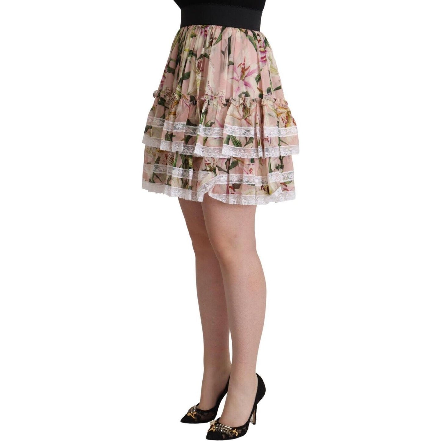 Dolce & Gabbana Elegant Lily Print Tiered A-Line Mini Skirt Dolce & Gabbana Rosy Brown