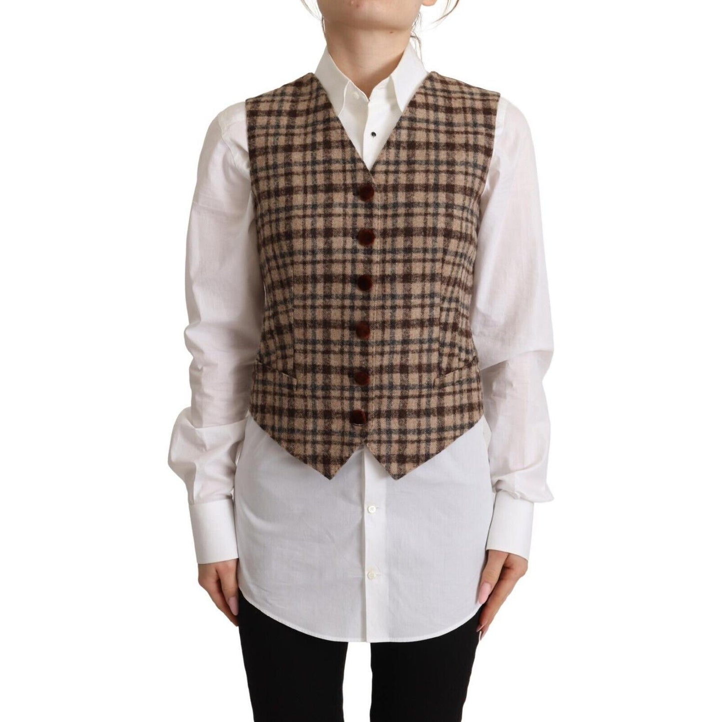 Dolce & Gabbana Elegant Checkered V-Neck Sleeveless Vest Top Dolce & Gabbana Gray