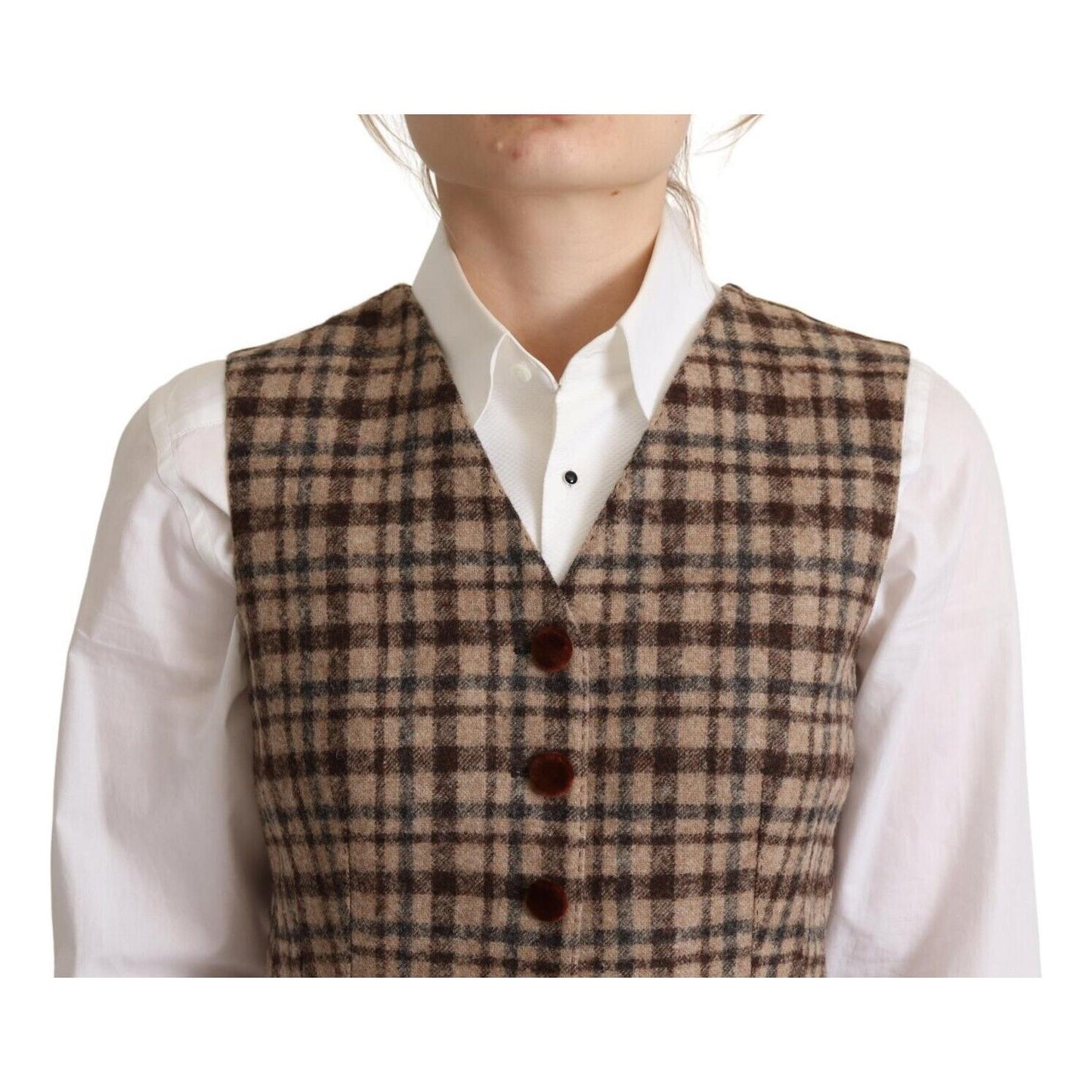 Dolce & Gabbana Elegant Checkered V-Neck Sleeveless Vest Top Dolce & Gabbana Dark Olive Green
