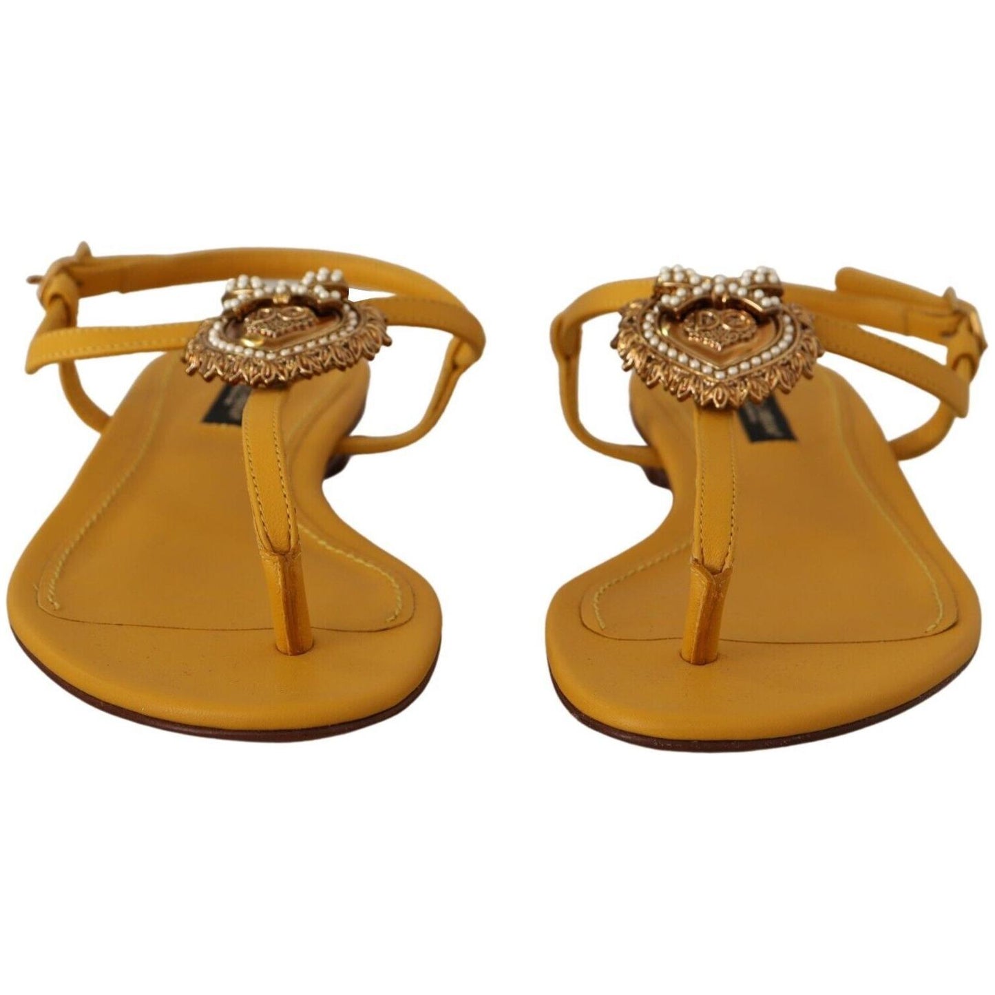 Dolce & Gabbana Mustard T-Strap Flat Sandals with Heart Embellishment Dolce & Gabbana Sienna