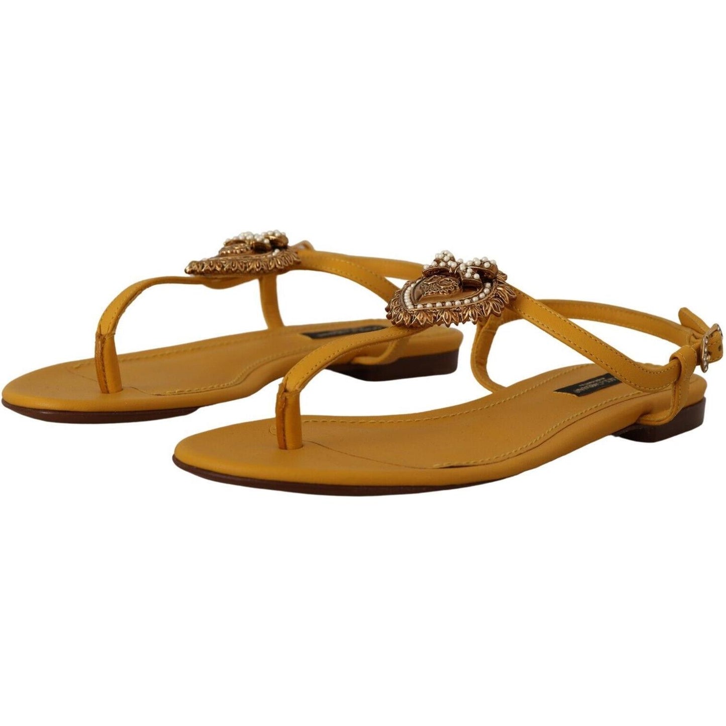 Dolce & Gabbana Mustard T-Strap Flat Sandals with Heart Embellishment Dolce & Gabbana Sienna