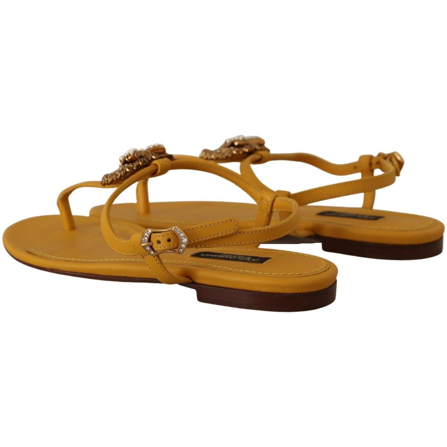 Dolce & Gabbana Mustard T-Strap Flat Sandals with Heart Embellishment Dolce & Gabbana Sienna