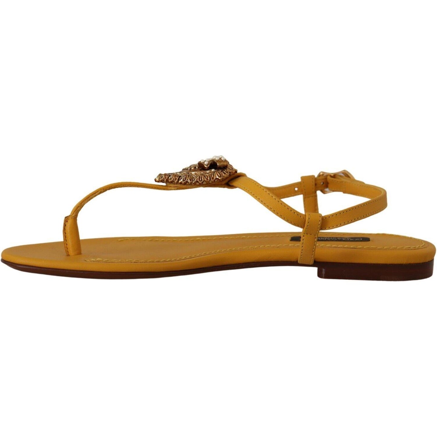 Dolce & Gabbana Mustard T-Strap Flat Sandals with Heart Embellishment Dolce & Gabbana Sienna