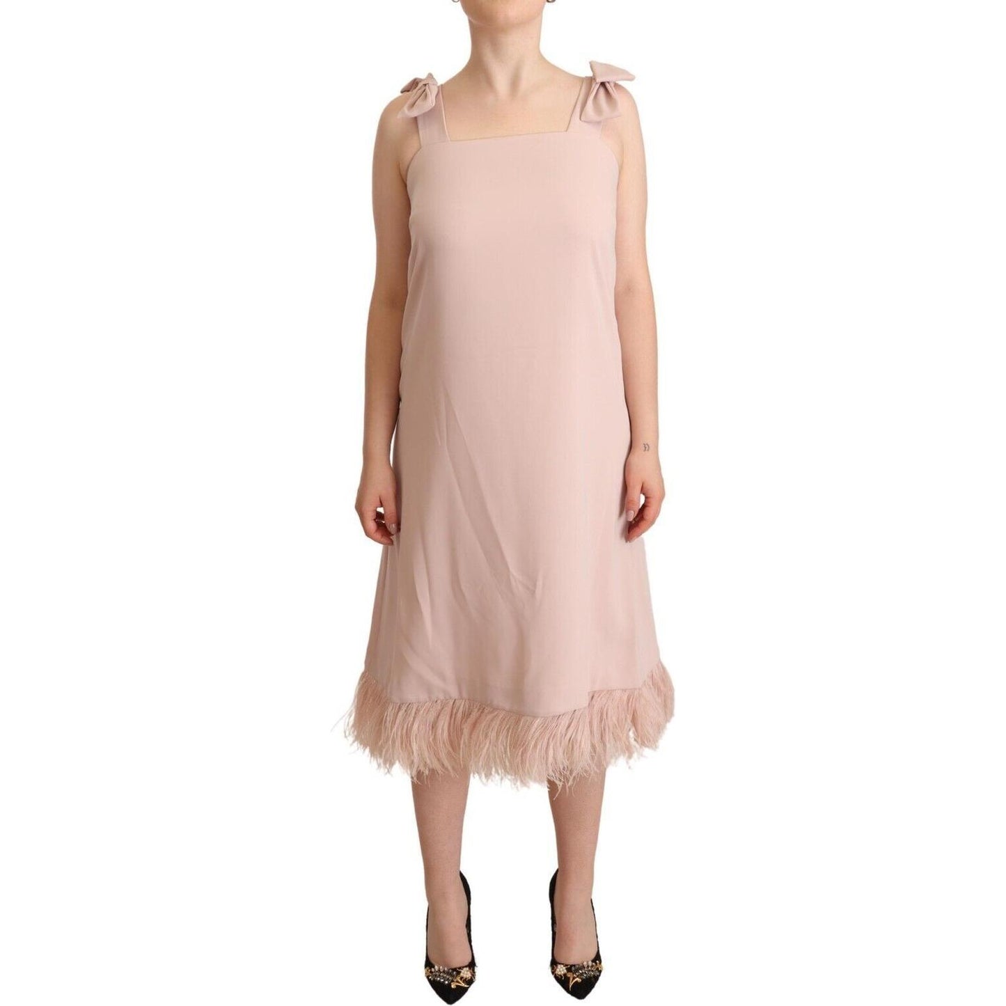 P.A.R.O.S.H. Chic Sleeveless Midi Dress with Feather Trim P.A.R.O.S.H. Tan