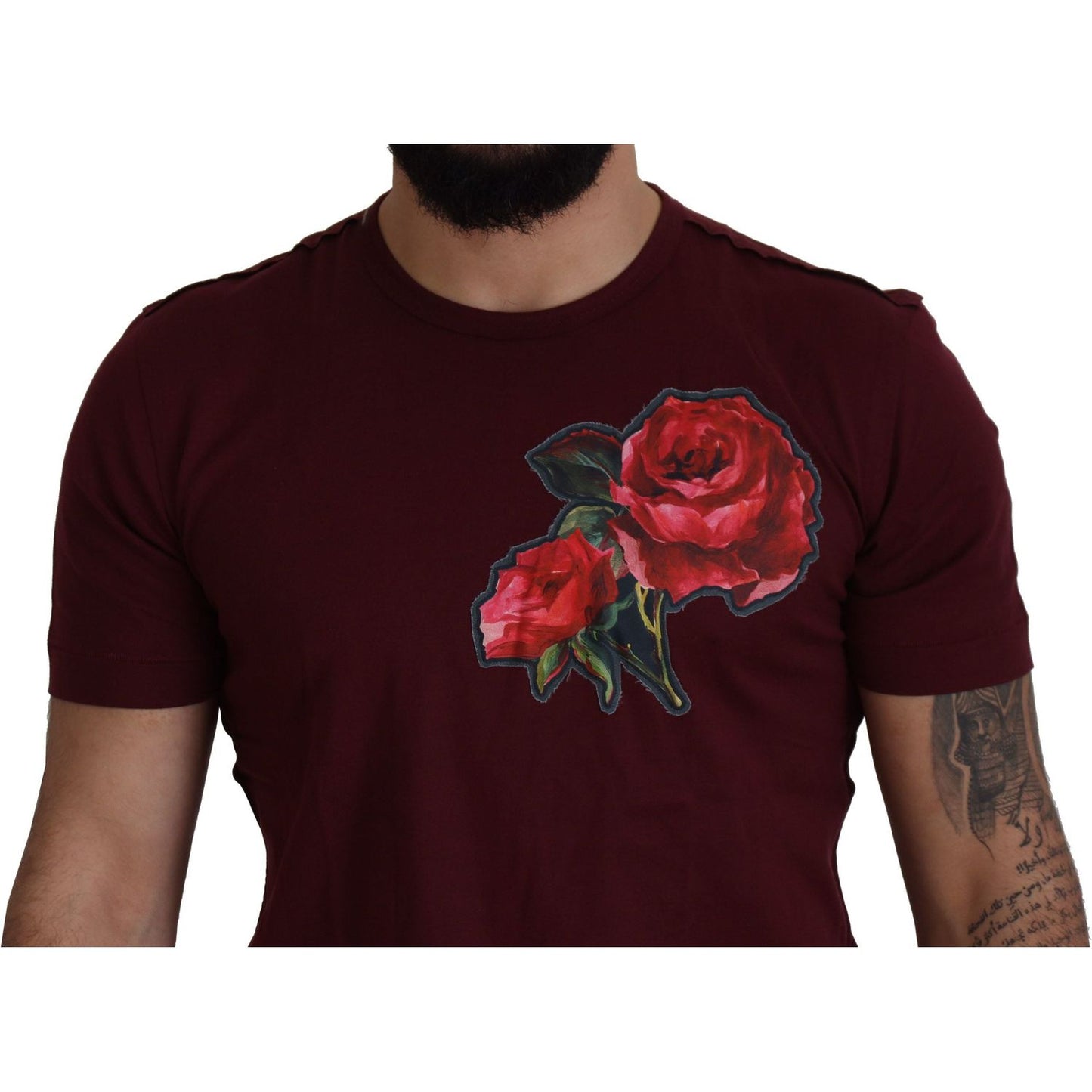 Dolce & Gabbana Elegant Bordeaux Roses Motif Crewneck Tee Dolce & Gabbana Black