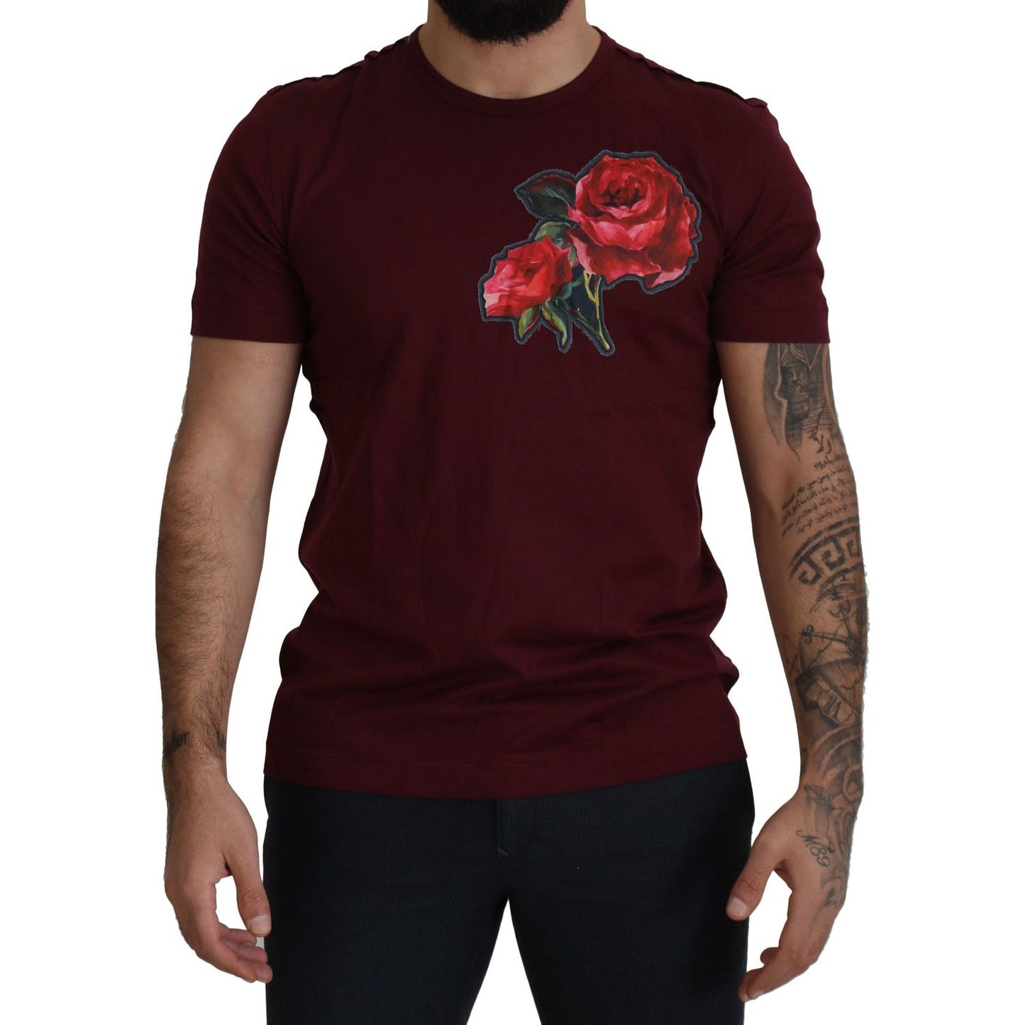 Dolce & Gabbana Elegant Bordeaux Roses Motif Crewneck Tee Dolce & Gabbana Black