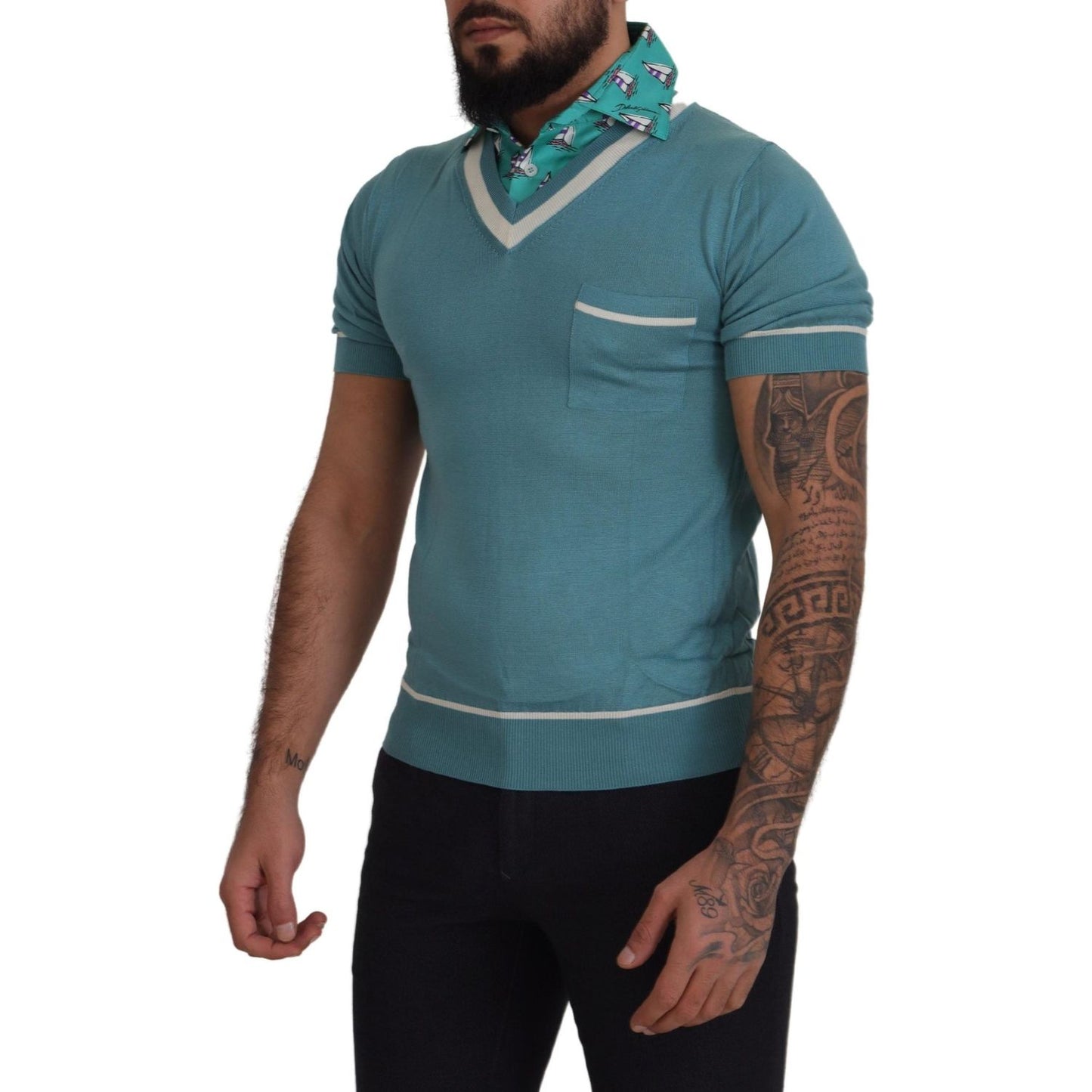 Dolce & Gabbana Elegant Silk Polo Tee with Boat Collar Print Dolce & Gabbana Dark Slate Gray