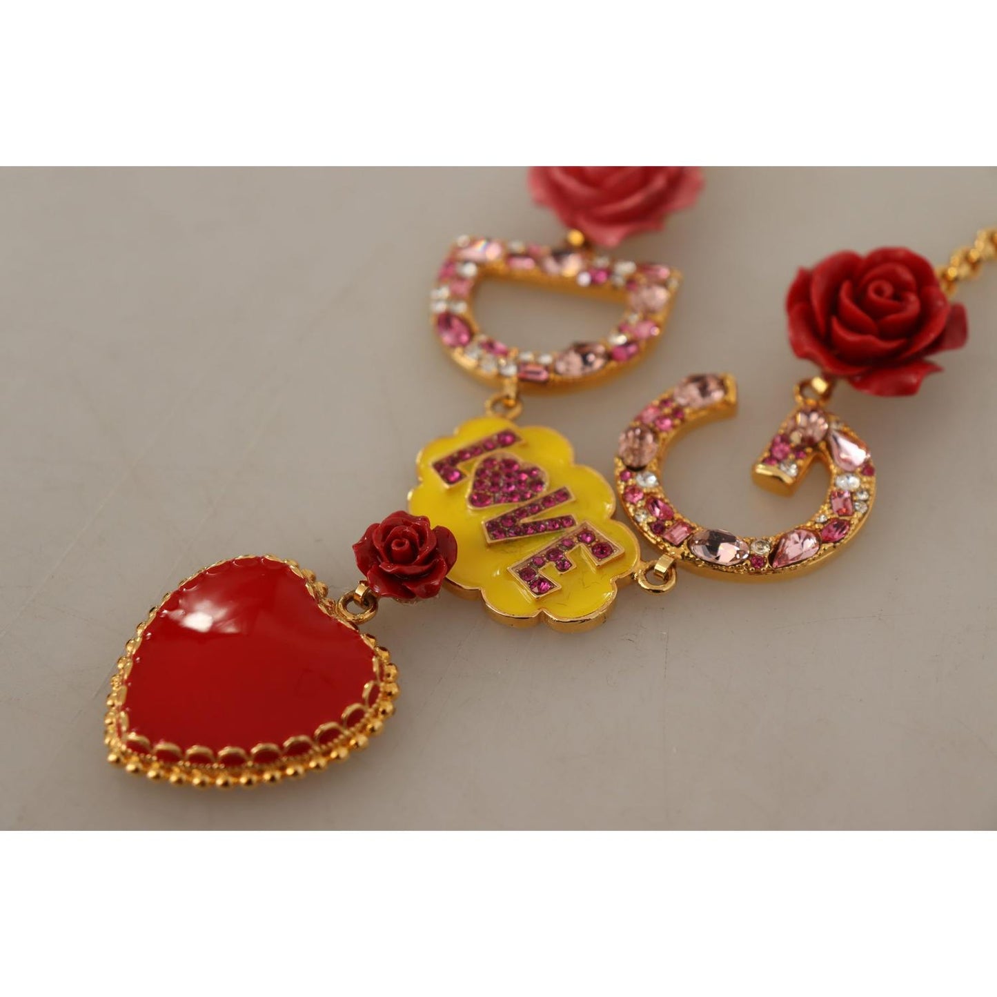 Dolce & Gabbana Glamorous Gold Crystal Charm Necklace Necklace Dolce & Gabbana Rosy Brown