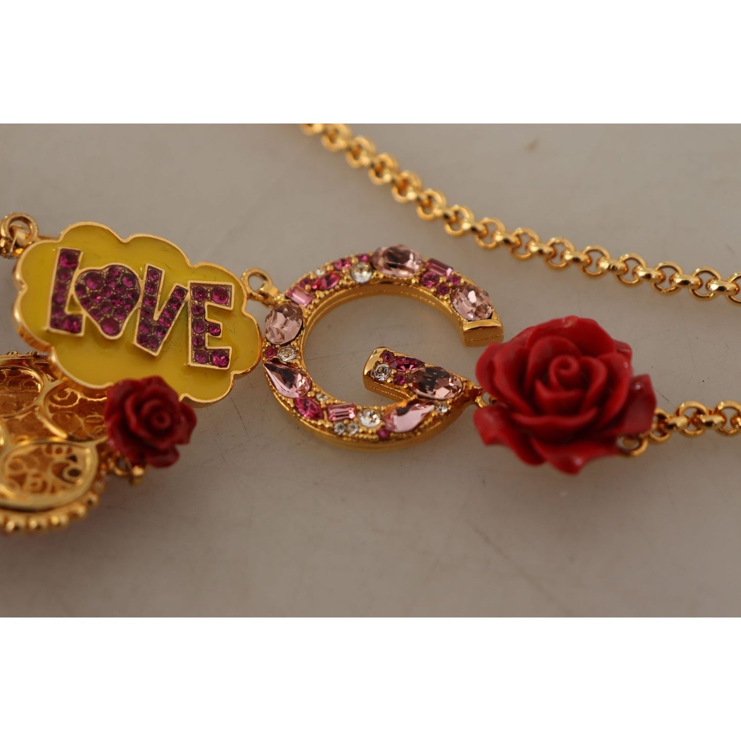 Dolce & Gabbana Glamorous Gold Crystal Charm Necklace Necklace Dolce & Gabbana Dim Gray