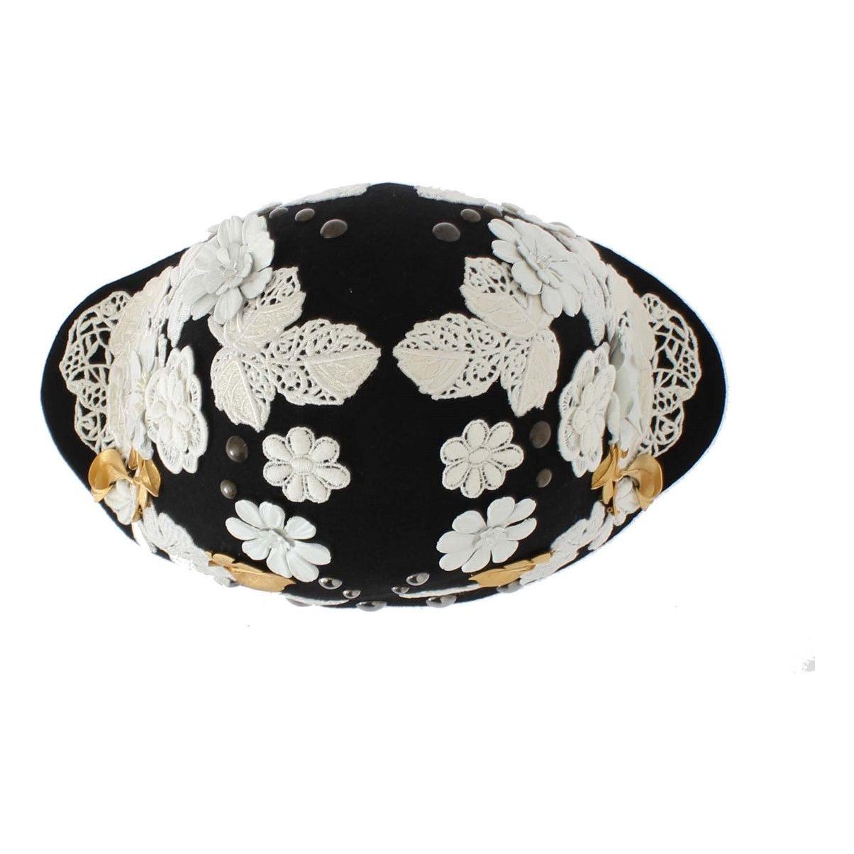 Dolce & Gabbana Elegant Black Floral Wool Cloche Hat Hat Dolce & Gabbana Black