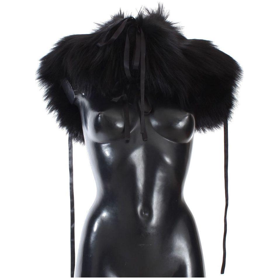 Dolce & Gabbana Elegant Black Fox Fur Silk Shoulder Wrap Fur Wrap Scarves Dolce & Gabbana Dark Slate Gray
