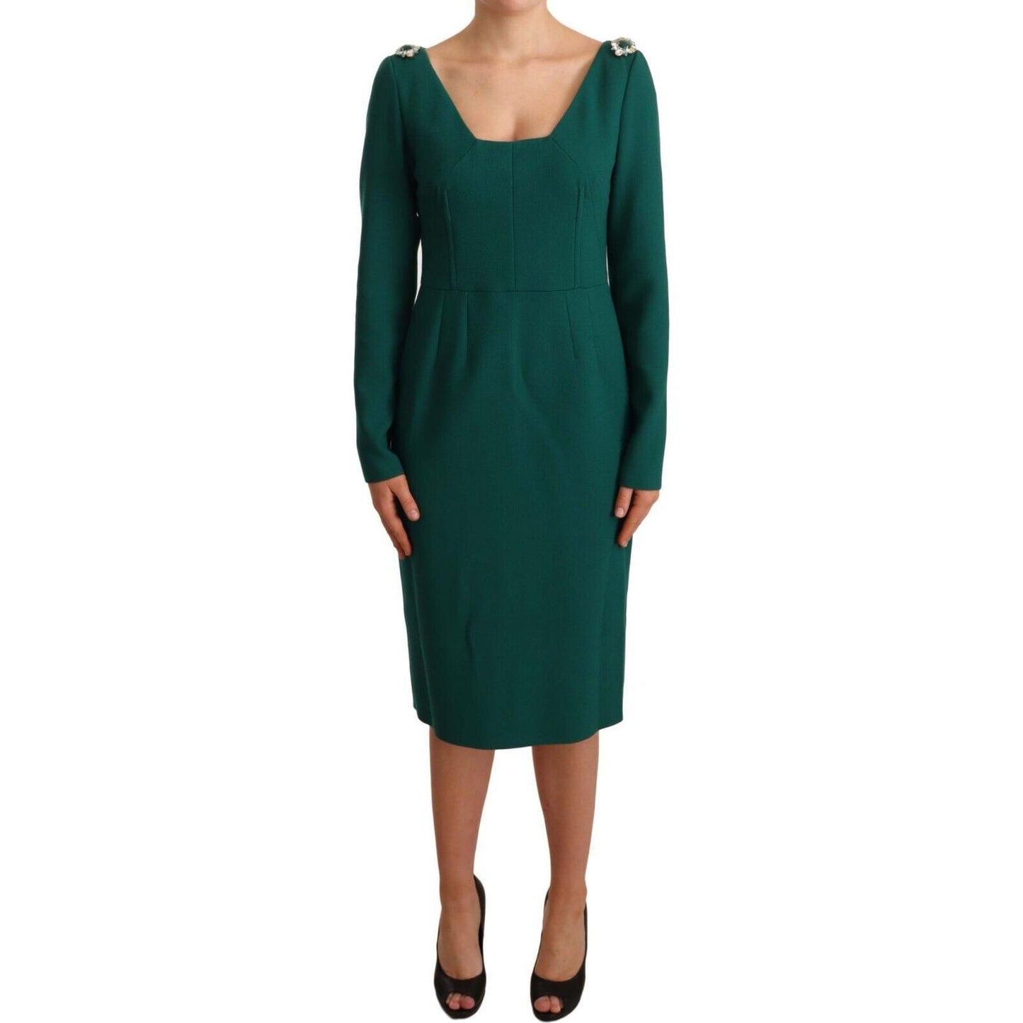 Dolce & Gabbana Emerald Green Midi Sheath Dress with Crystal Brooch Dolce & Gabbana Dark Slate Gray