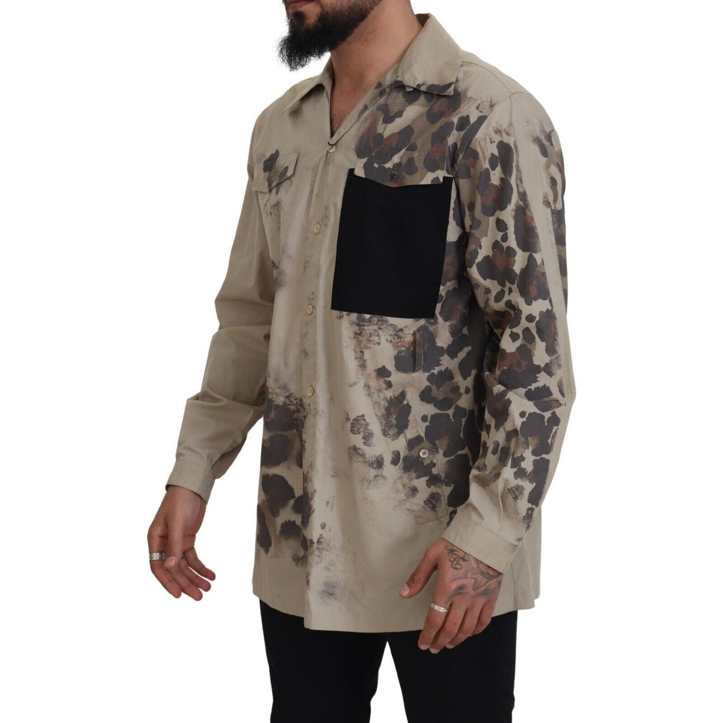 Dolce & Gabbana Beige Cotton Button-Down Casual Shirt Dolce & Gabbana Dim Gray