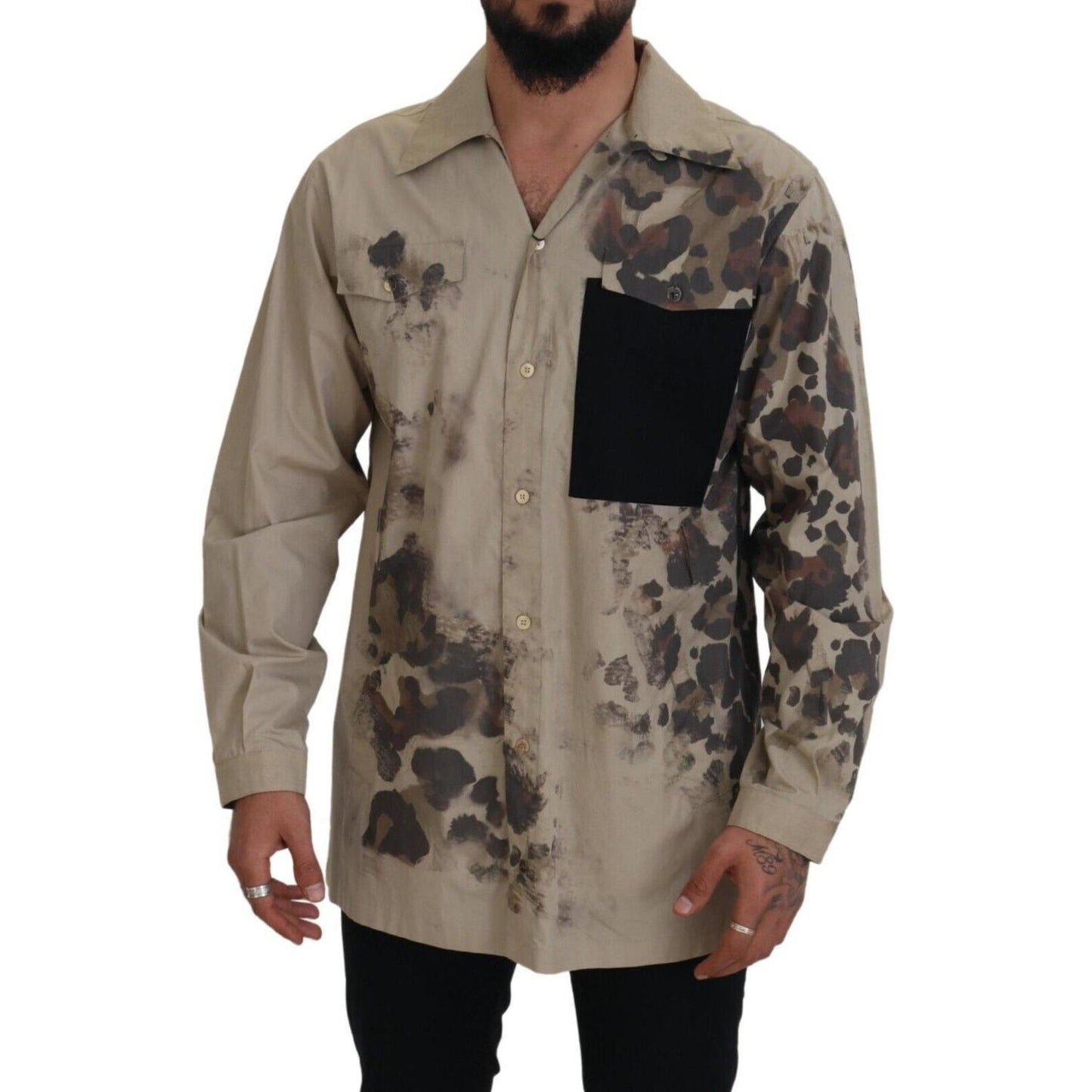 Dolce & Gabbana Beige Cotton Button-Down Casual Shirt Dolce & Gabbana Dim Gray