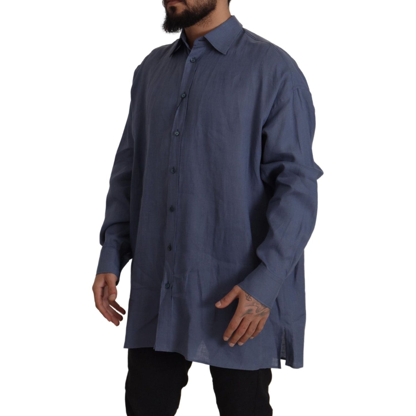 Dolce & Gabbana Dark Blue Linen Slim Fit Dress Formal Men Shirt TSH82936- 41