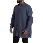 Dolce & Gabbana Dark Blue Linen Slim Fit Dress Formal Men Shirt TSH82936- 41