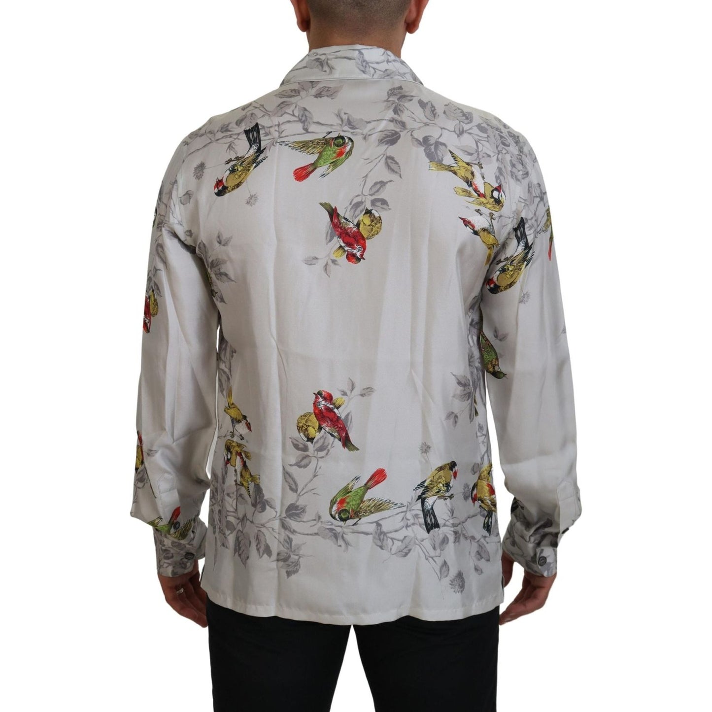Dolce & Gabbana Elegant Silk Bird Print Casual Shirt Dolce & Gabbana Dark Gray