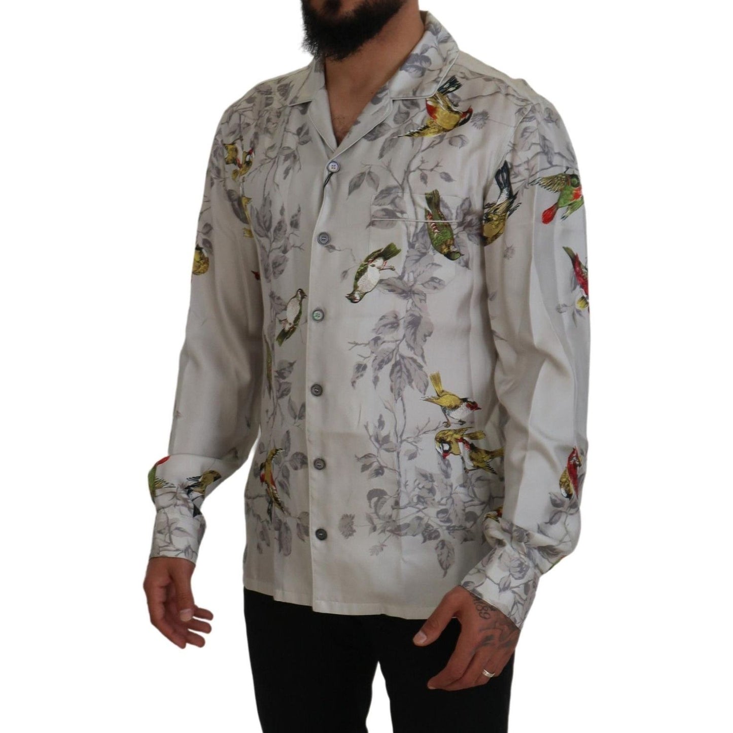 Dolce & Gabbana Elegant Silk Bird Print Casual Shirt Dolce & Gabbana Slate Gray